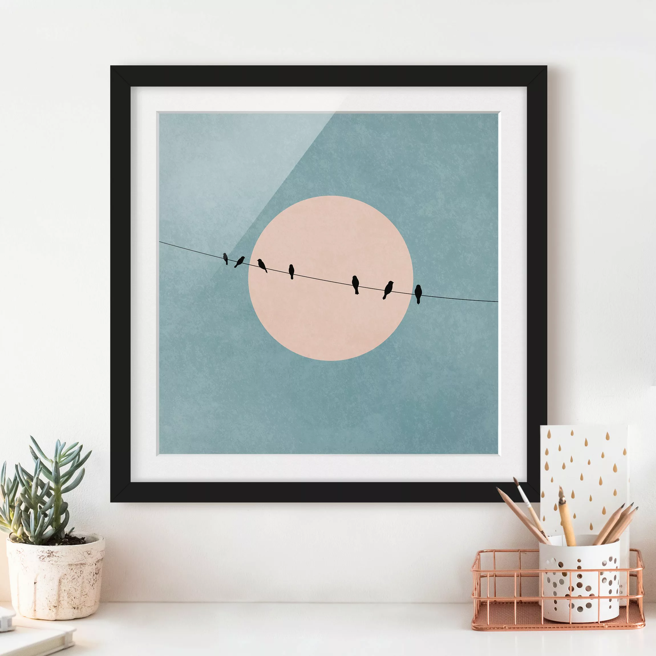 Bild mit Rahmen Vögel vor rosa Sonne I günstig online kaufen