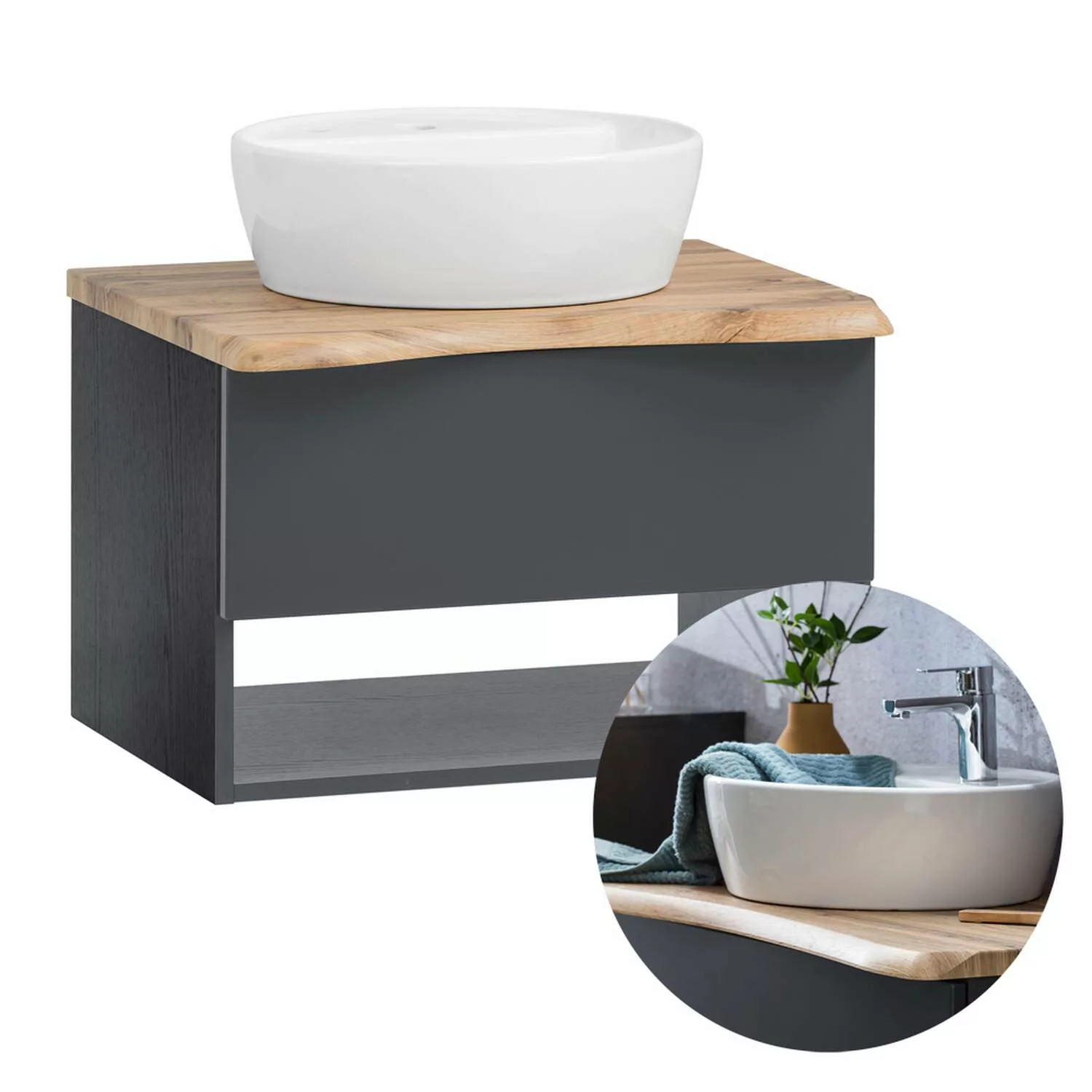 Badezimmer Waschtisch mit Aufsatzwaschbecken KAHLA-03 in graphit mit Abdeck günstig online kaufen