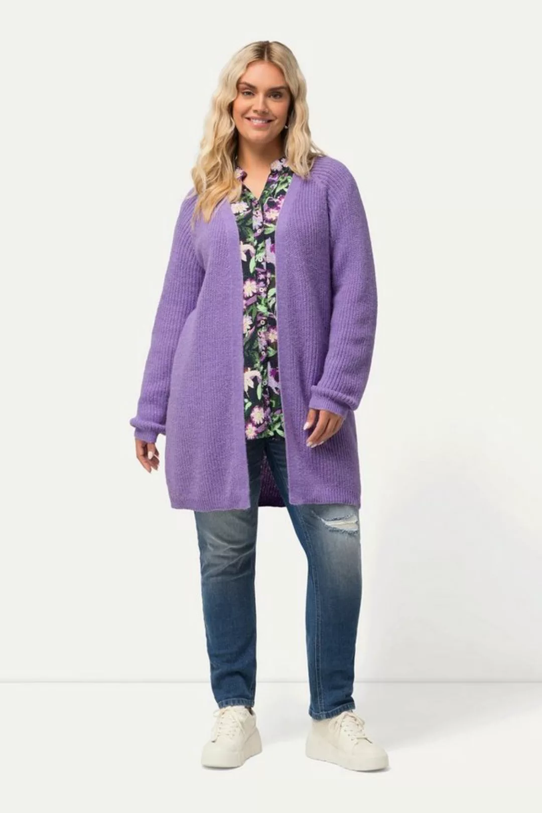 Ulla Popken Strickjacke Strickjacke offene Form V-Ausschnitt Rippstrick günstig online kaufen