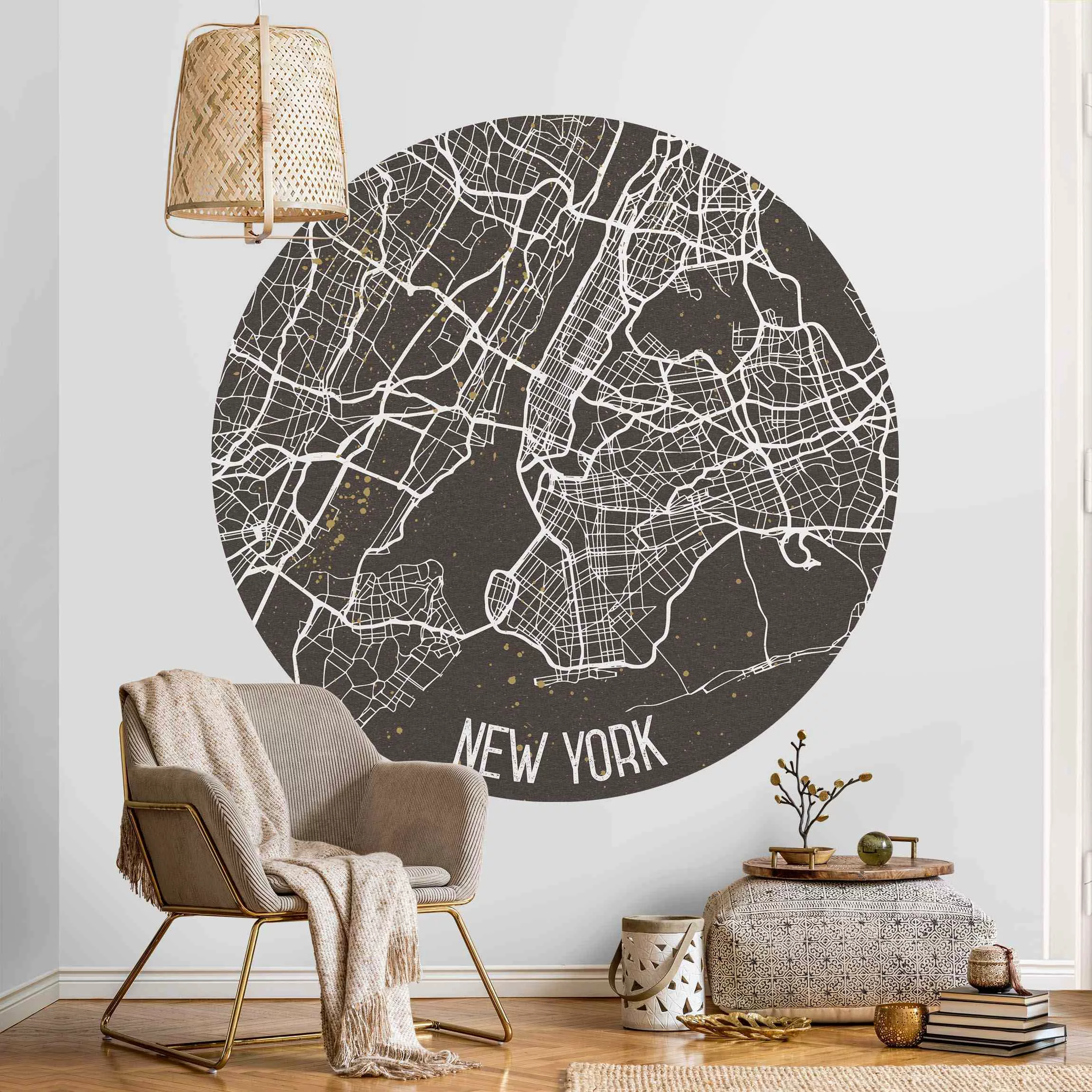 Runde Fototapete selbstklebend Stadtplan New York- Retro günstig online kaufen