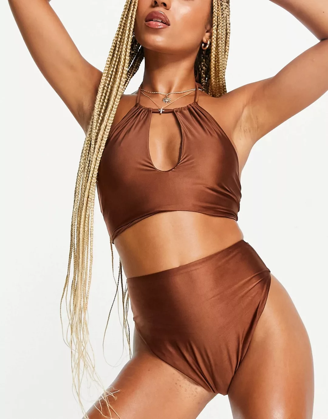 ASOS DESIGN – Mix and Match – Glatte Bikinihose mit hohem Bund in Braun günstig online kaufen