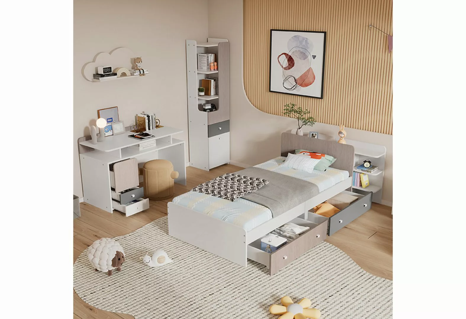 MODFU Einzelbett Kinderbett (Komplettschlafzimmer Set, Einzelbett + Schreib günstig online kaufen