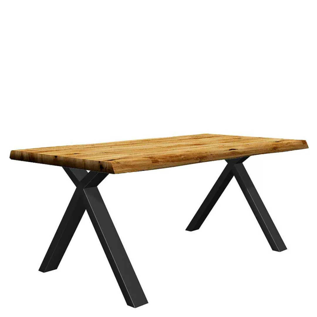 Tisch mit Baumkanten aus Eiche Massivholz und Metall X Gestell günstig online kaufen