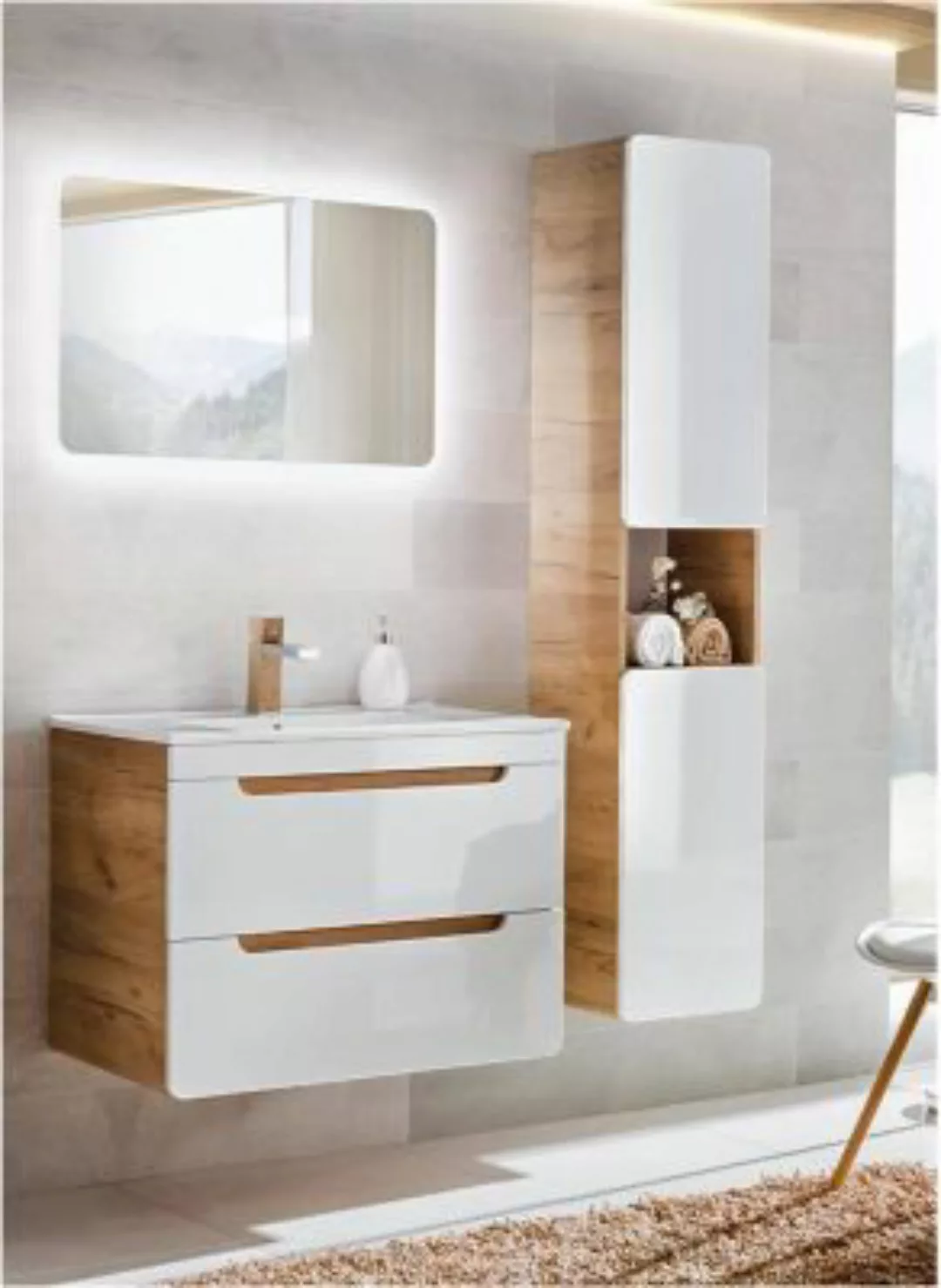 Lomadox Badezimmermöbel Set 3-teilig Hochglanz weiß  inkl. 80 cm Keramikwas günstig online kaufen