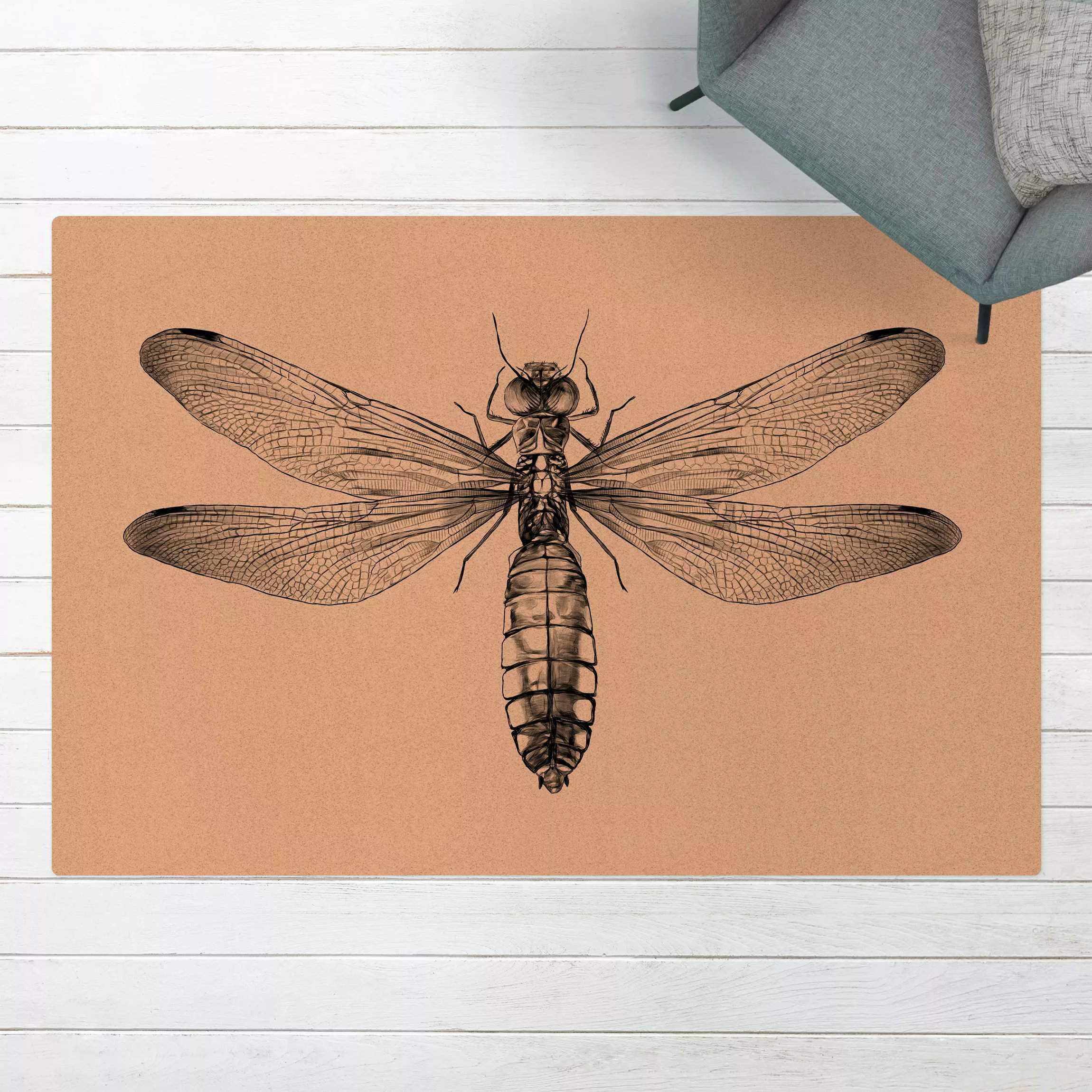 Kork-Teppich Illustration fliegende Libelle Schwarz günstig online kaufen