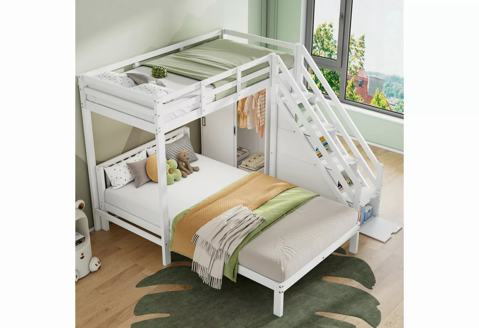 Flieks Etagenbett, Kinderbett 90x200cm+120x200cm mit Stauraumtreppe und Kle günstig online kaufen