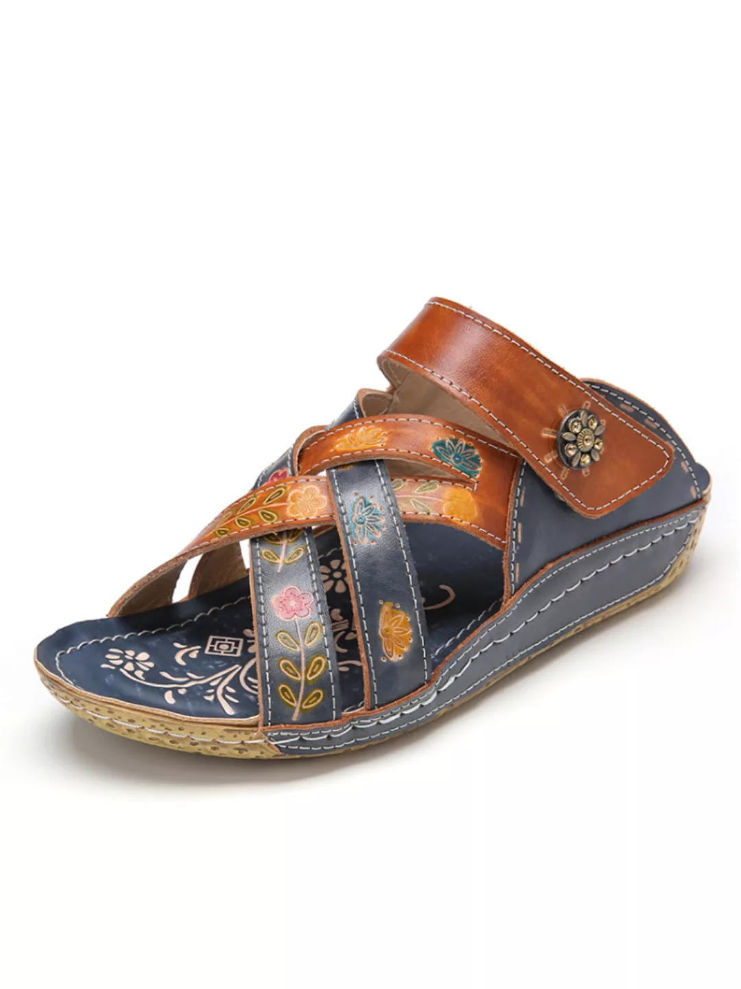 SOCOFY Retro Leder lackiert geprägt Floral Slip-On Flat Slides Wedge Sandal günstig online kaufen