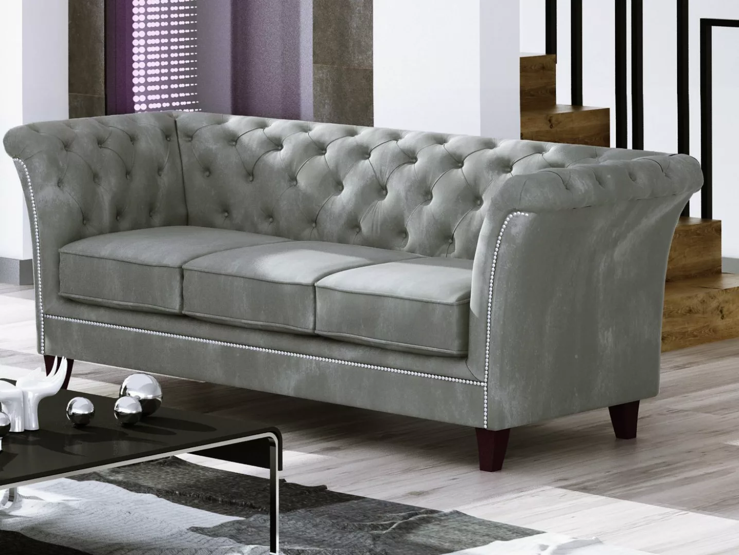 S-Style Möbel Chesterfield-Sofa 3-Sitzer Rainsburg aus Samt-Stoff mit Holzf günstig online kaufen