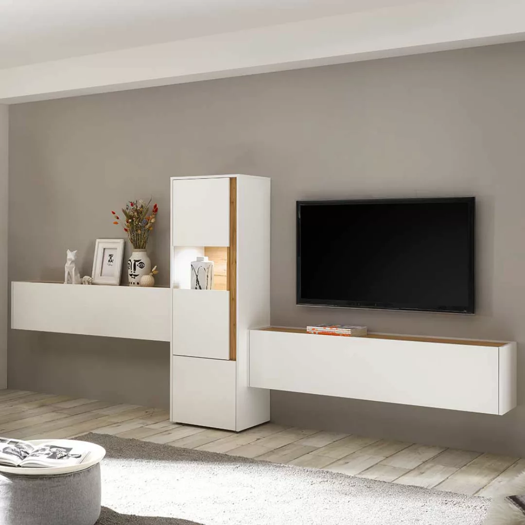 Wohnzimmerwand in Wildeichefarben und Weiß melaminbeschichtet (dreiteilig) günstig online kaufen