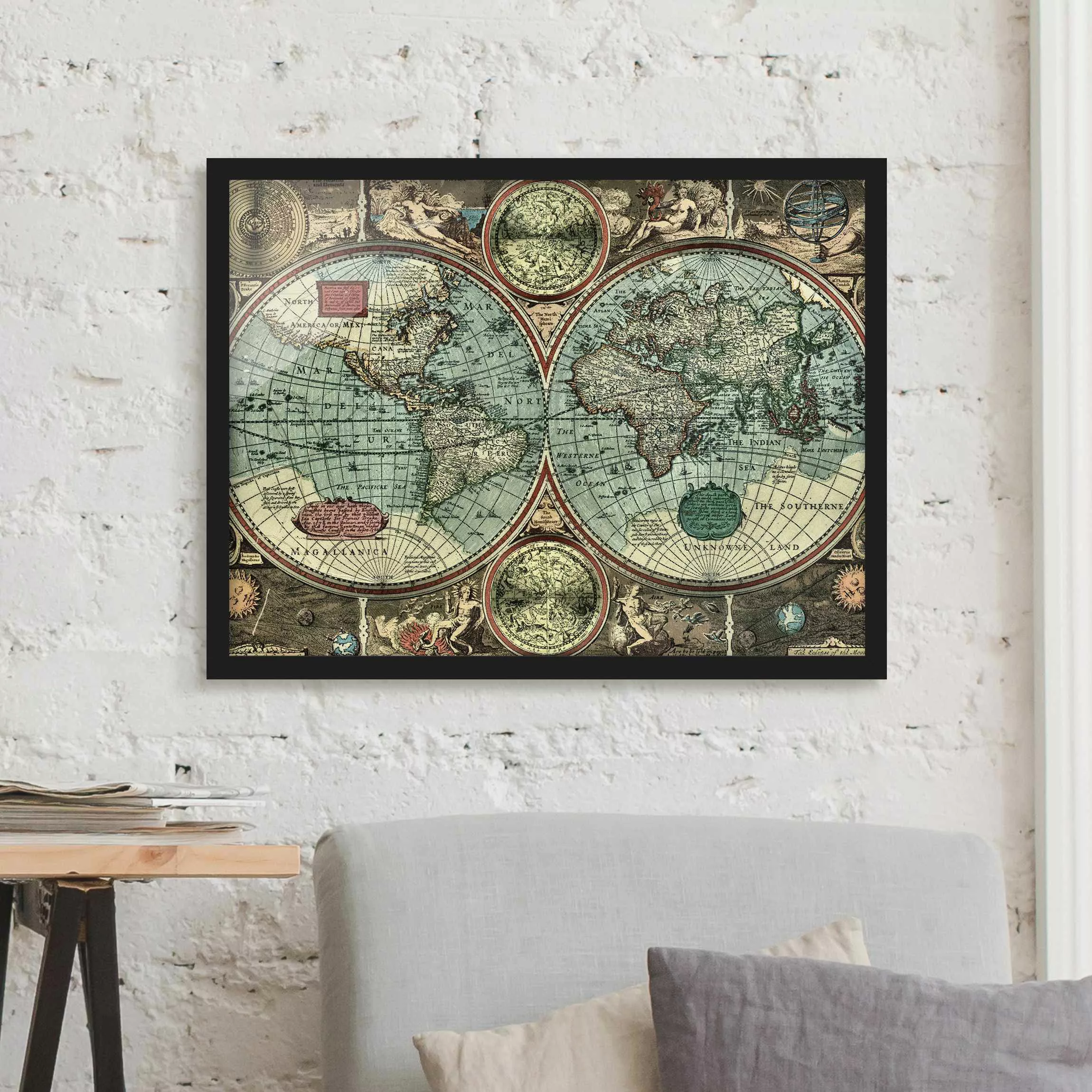 Bild mit Rahmen Stadt-, Land- & Weltkarte - Querformat Die alte Welt günstig online kaufen