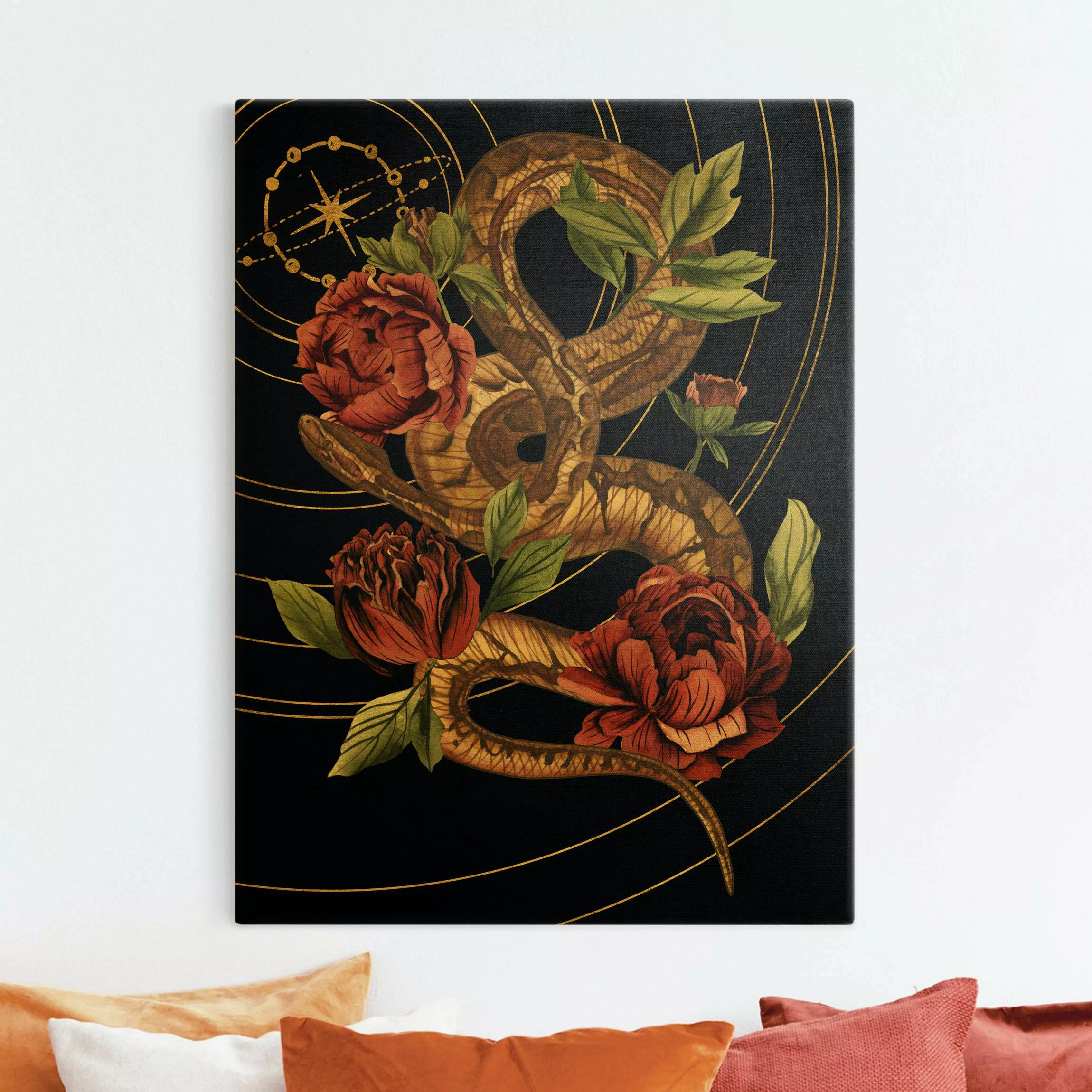 Leinwandbild Gold Schlange mit Rosen Schwarz und Gold IV günstig online kaufen