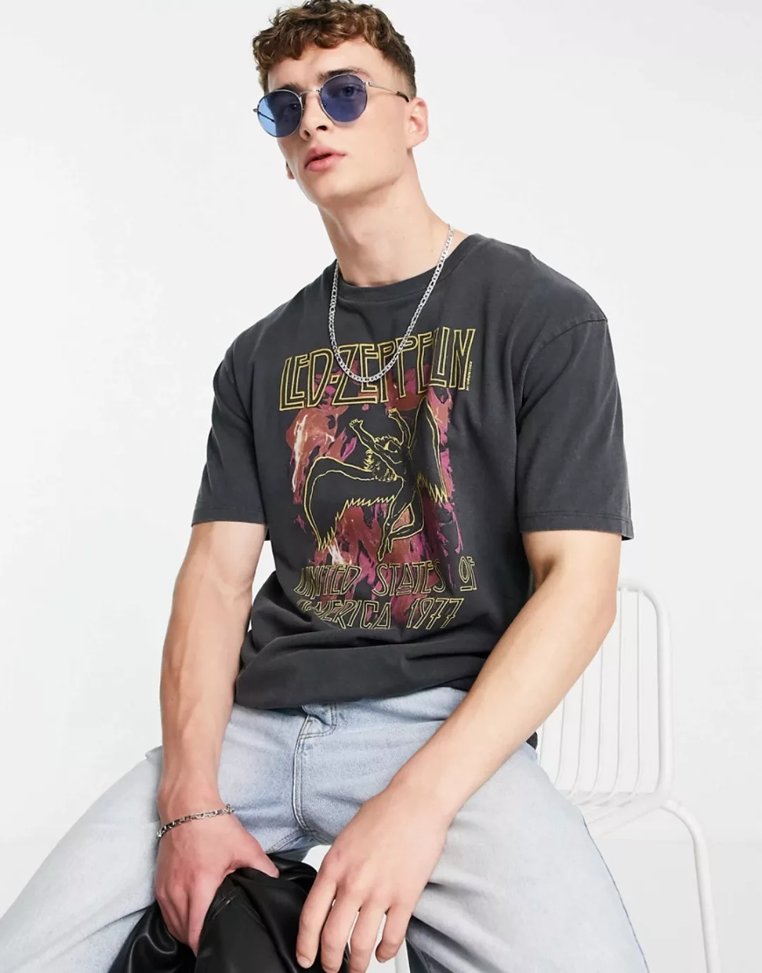 Topman – Oversize-T-Shirt in verwaschenem Schwarz mit „Led Zeppelin“-Print günstig online kaufen