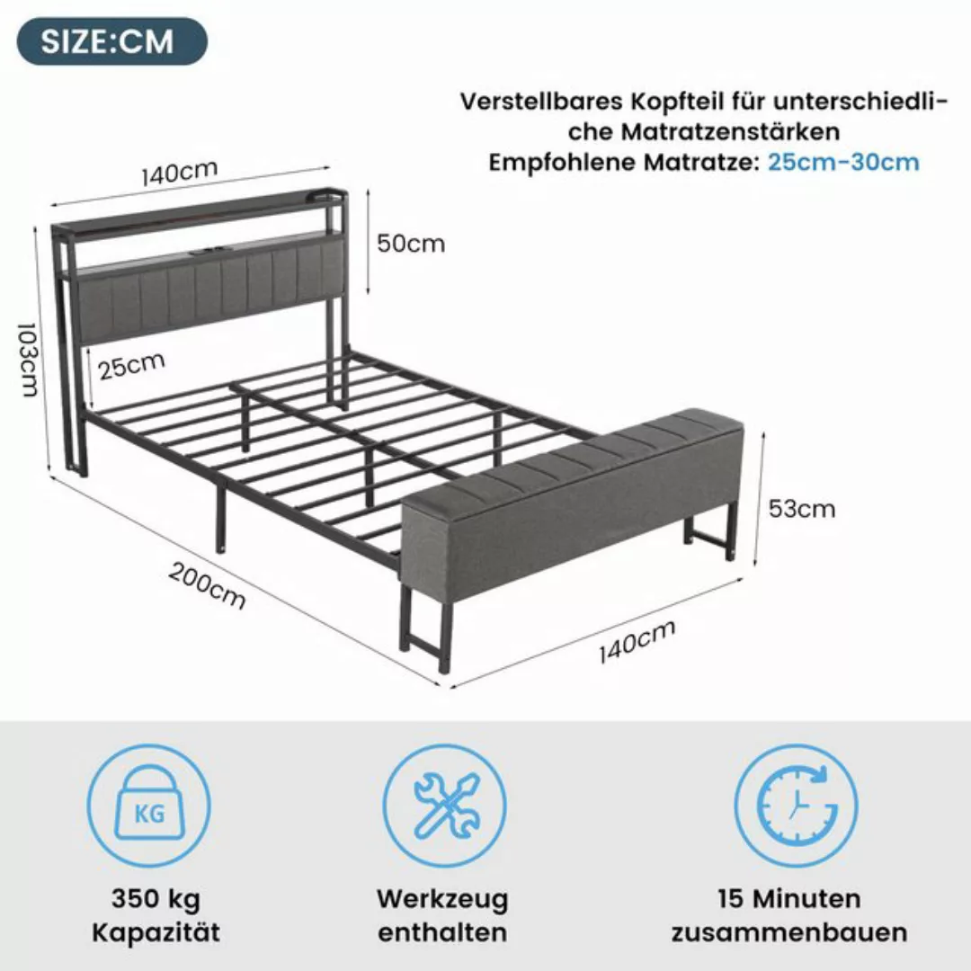 WILGOON Polsterbett Doppelbett, 140x200 cm, Stauraumbett mit Kopfteil Fußte günstig online kaufen