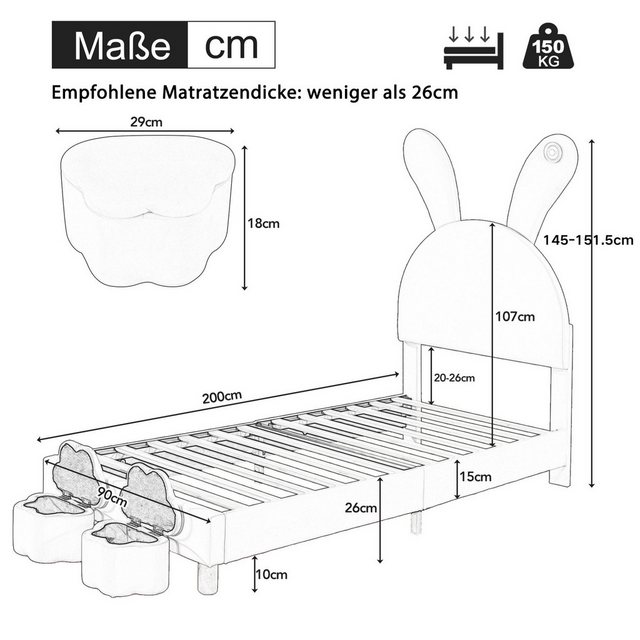 Flieks Polsterbett, LED Kinderbett 90x200cm mit ausklappbaren Hasenohren + günstig online kaufen