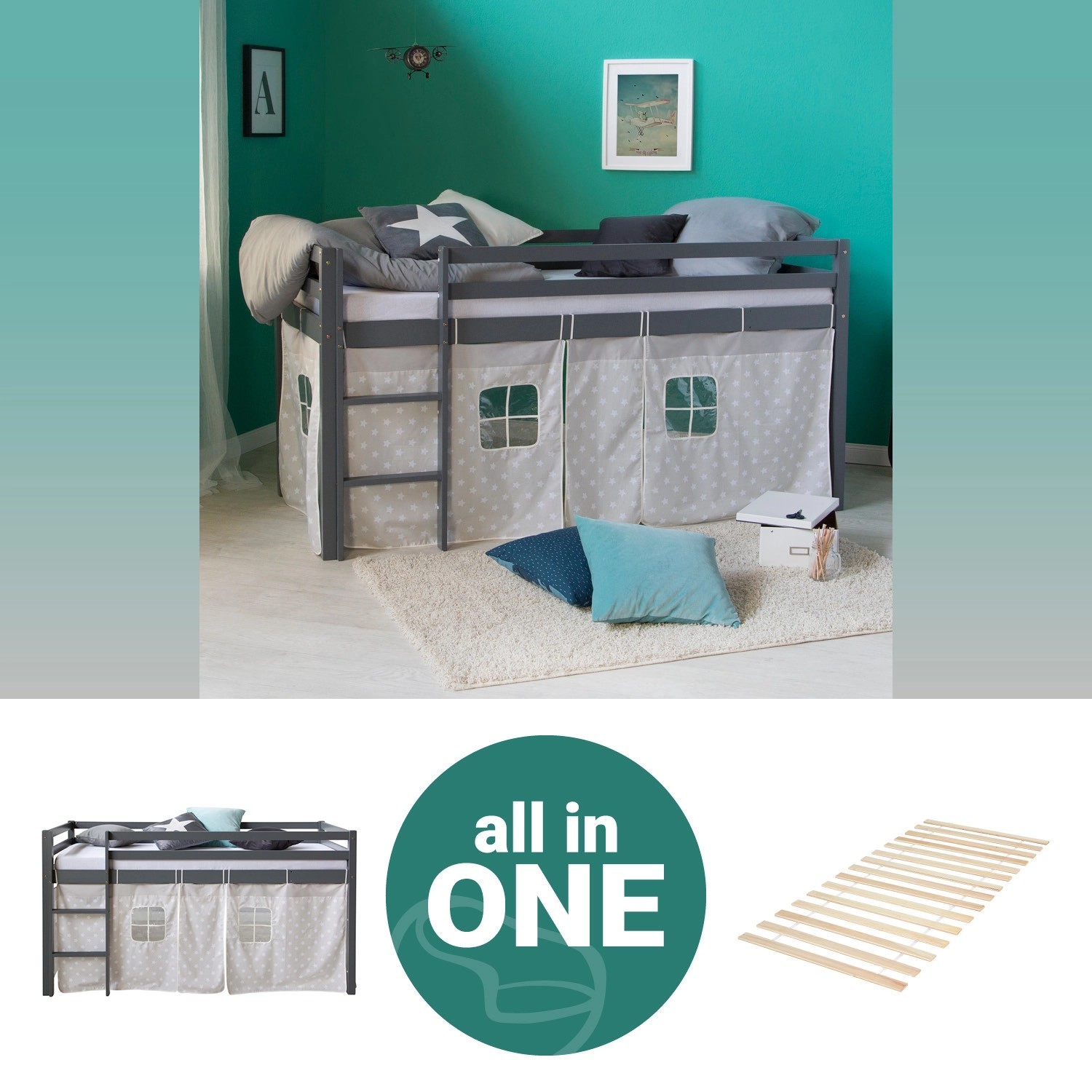 Homestyle4u Hochbett 90x200 mit Vorhang und Lattenrost Grau Sterne 2777 günstig online kaufen