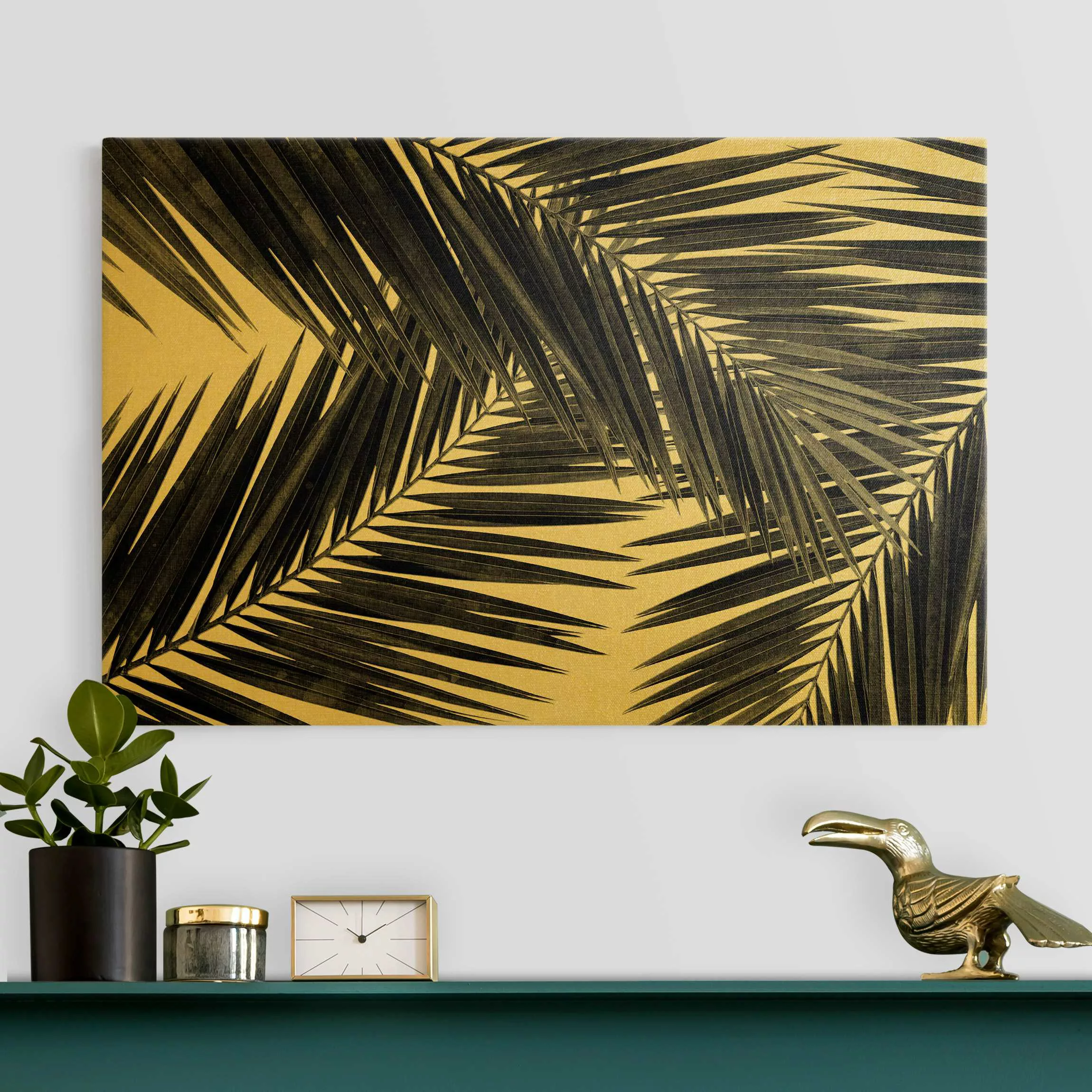 Leinwandbild Gold Blick durch Palmenblätter Schwarz-Weiß günstig online kaufen