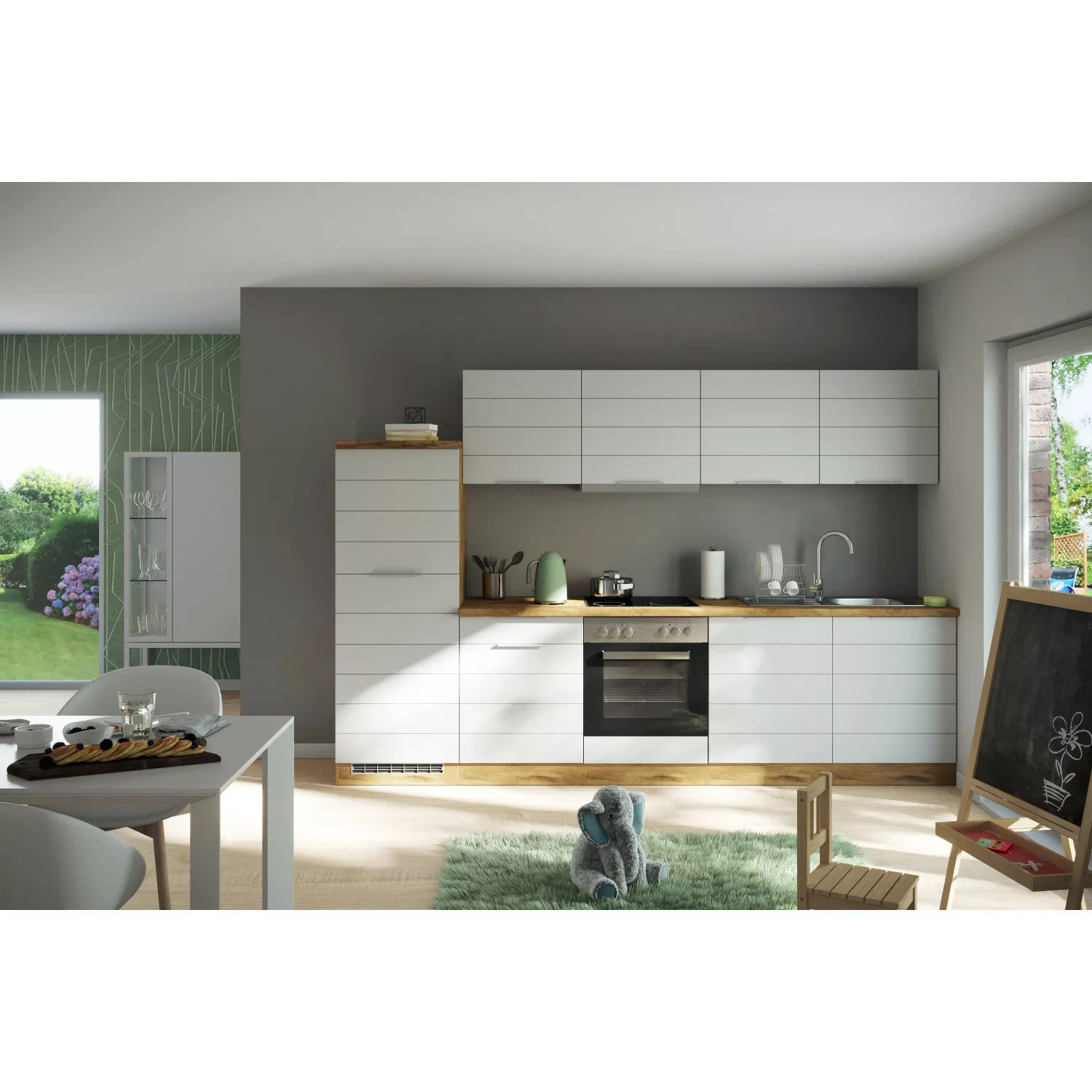 Held Möbel Küchenzeile 300 cm Matt Weiß-Wotaneiche ohne E-Geräte günstig online kaufen
