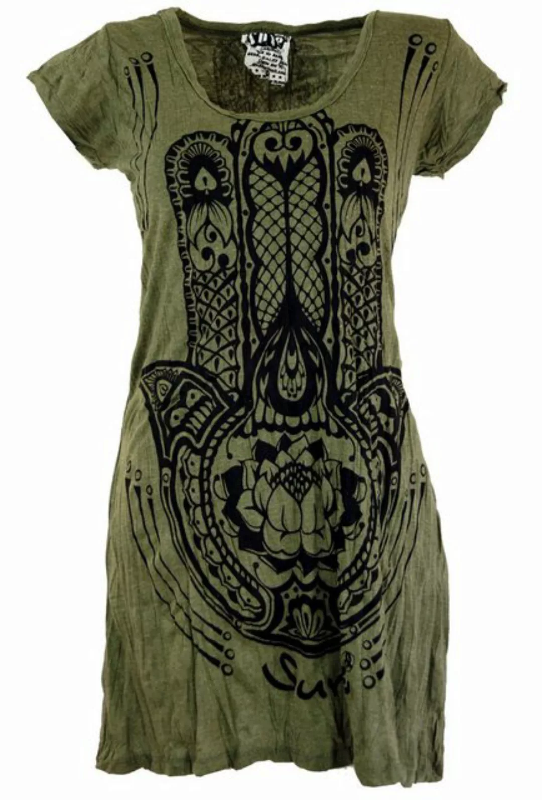 Guru-Shop T-Shirt Sure Long Shirt, Minikleid Fatimas Hand - olive Goa Style günstig online kaufen