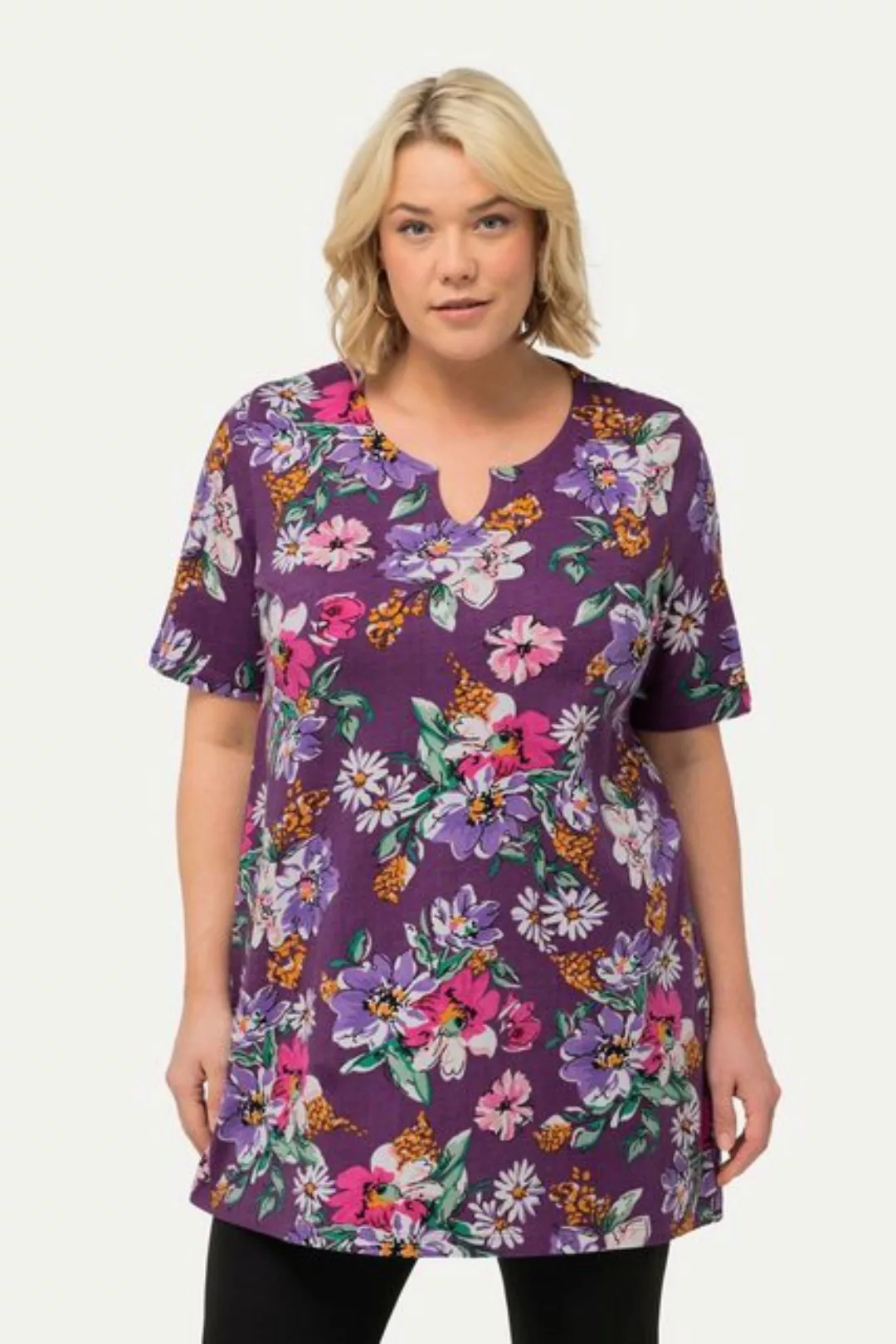 Ulla Popken Longshirt Longshirt Blüten A-Linie Tunika-Ausschnitt Halbarm günstig online kaufen