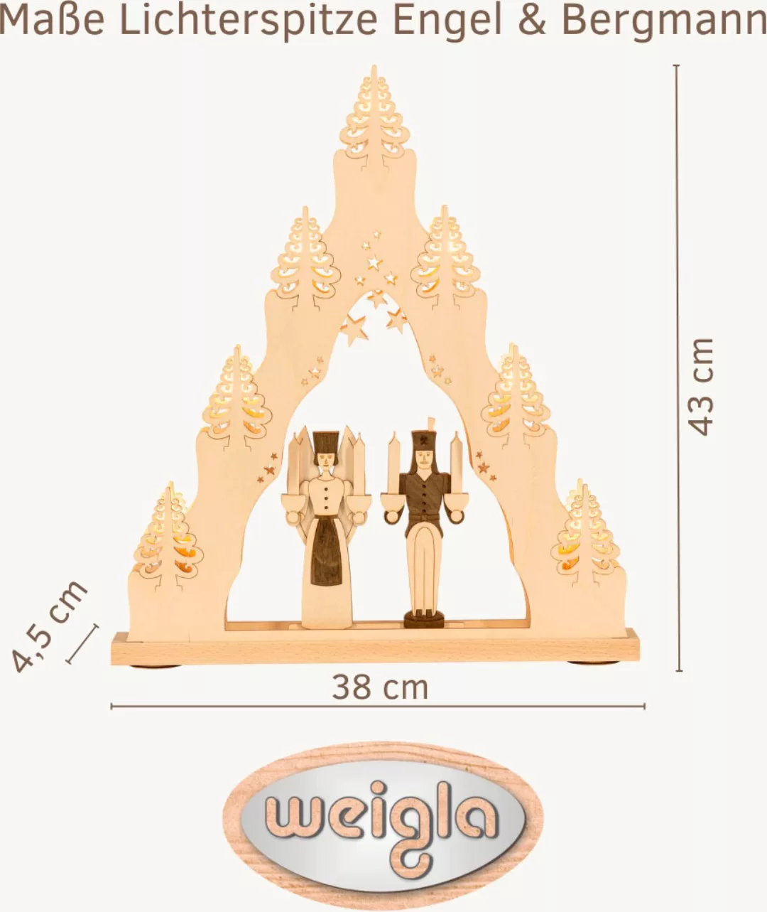 Weigla Schwibbogen »Engel & Bergmann, Lichterspitze aus Holz, NATUR-BRAUN«, günstig online kaufen