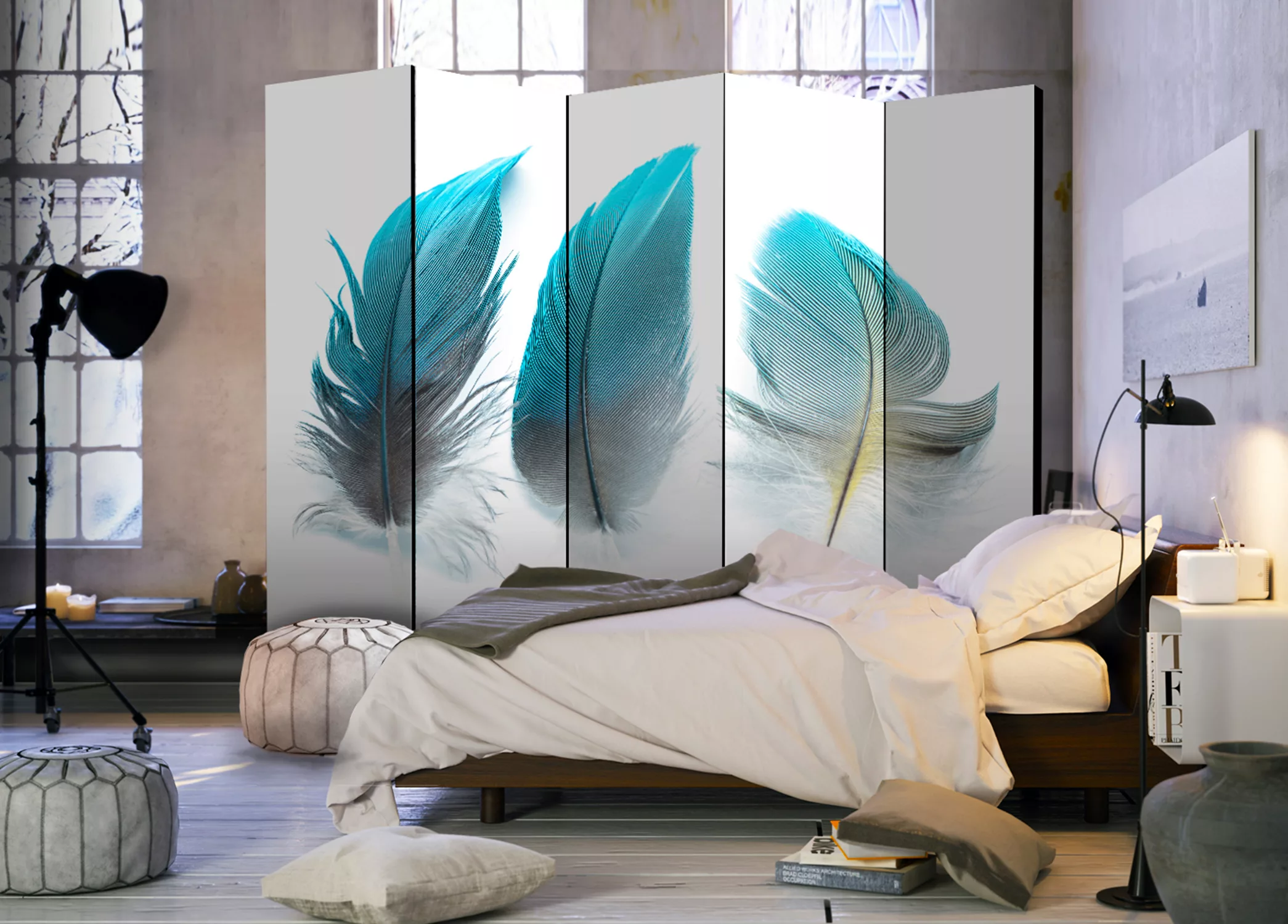5-teiliges Paravent - Blue Feathers Ii [room Dividers] günstig online kaufen