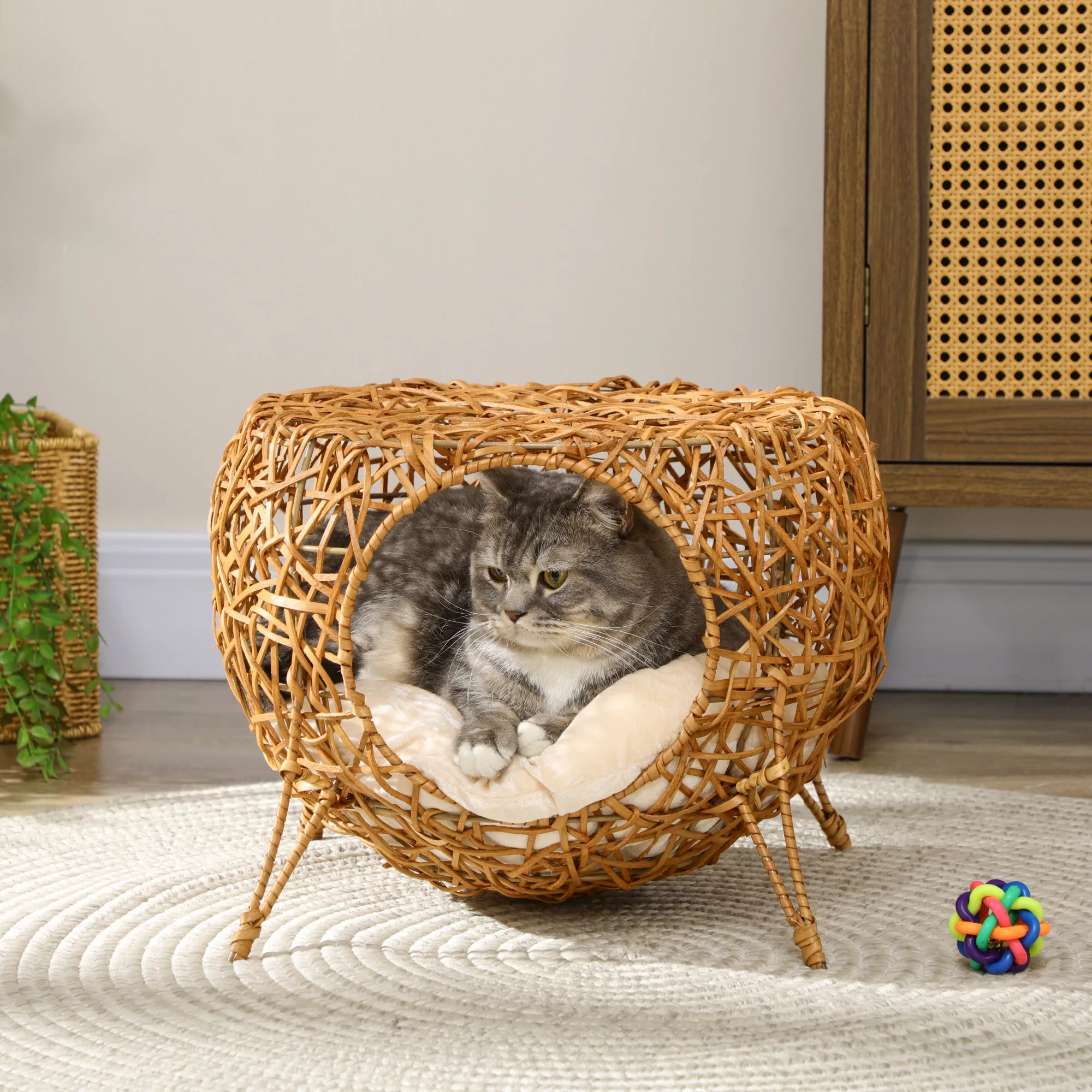 PawHut Katzenhaus Katzenkorb auf Ständer aus Rattan mit dickem Kissen Ø 40 günstig online kaufen