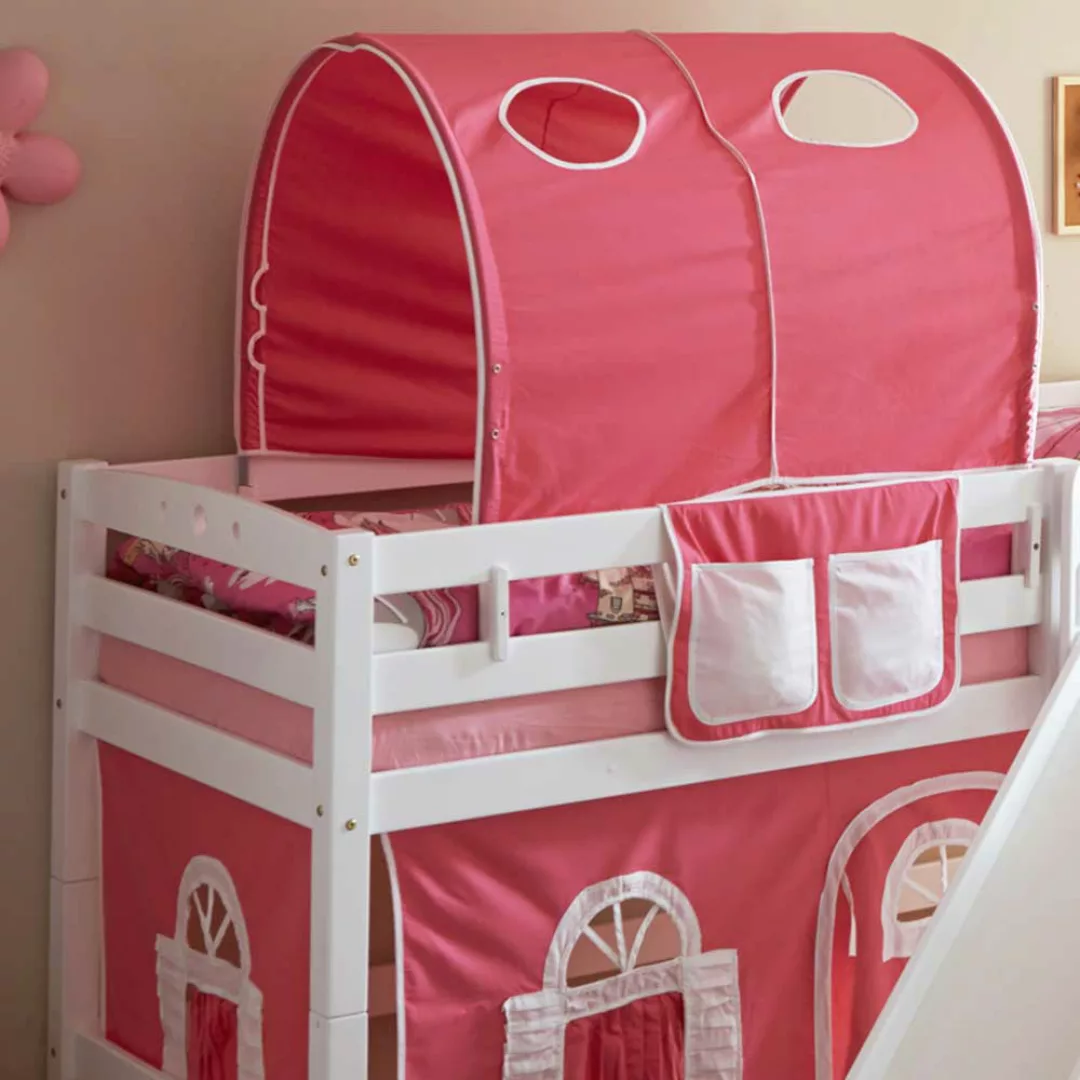 Halbhohes Kinderbett für Mädchen Rutsche und Vorhang in Rosa günstig online kaufen