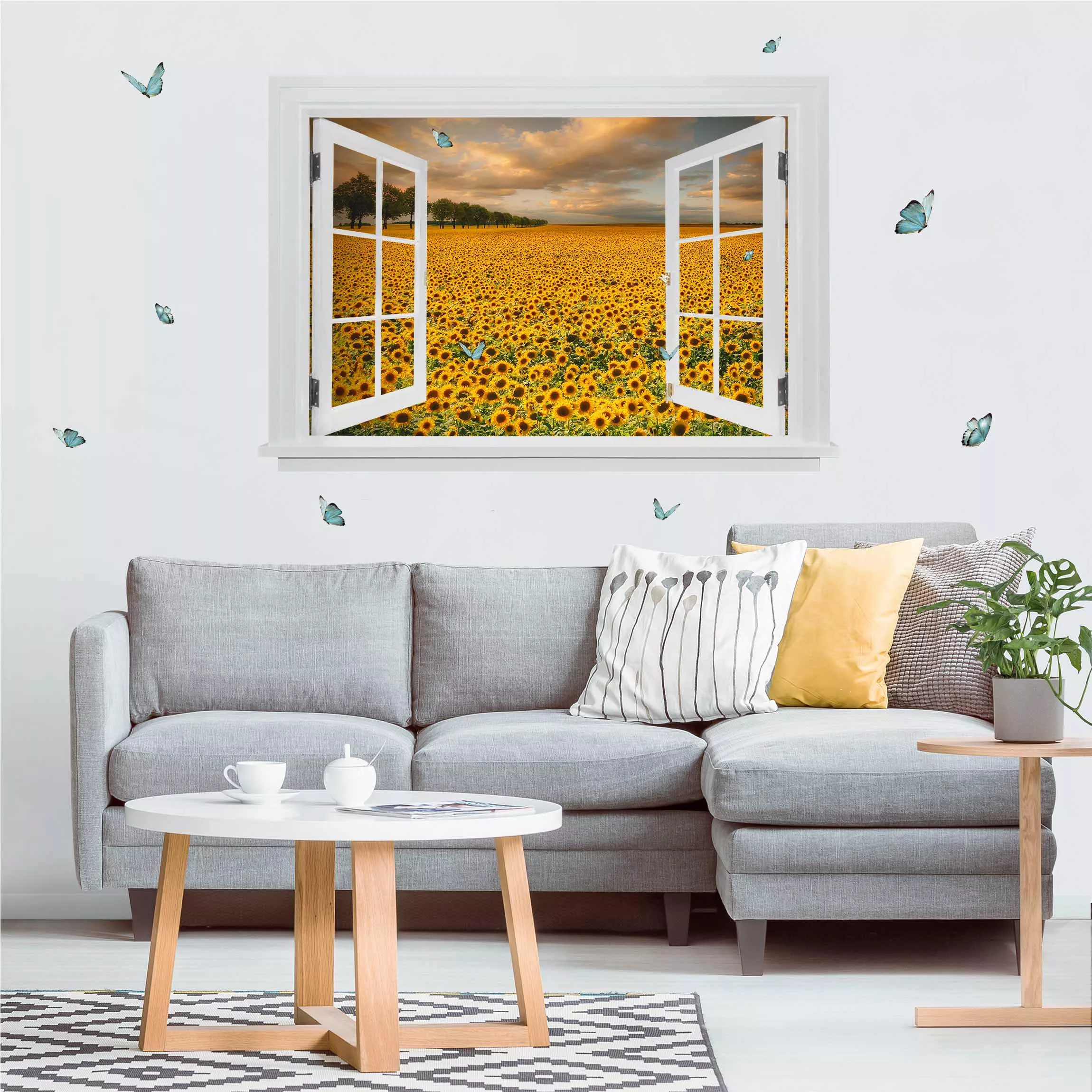 3D Wandtattoo Offenes Fenster Feld mit Sonnenblumen günstig online kaufen