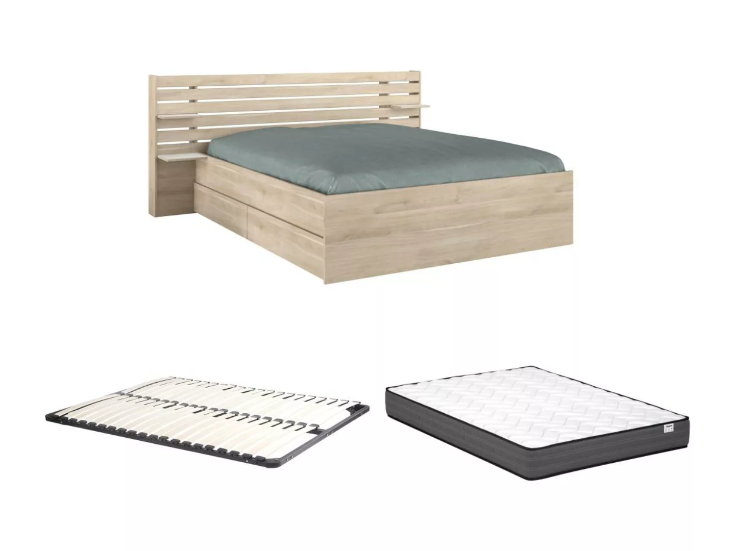 Bett mit Stauraum - 160 x 200 cm - Holzfarben + Lattenrost + Matratze - TEN günstig online kaufen