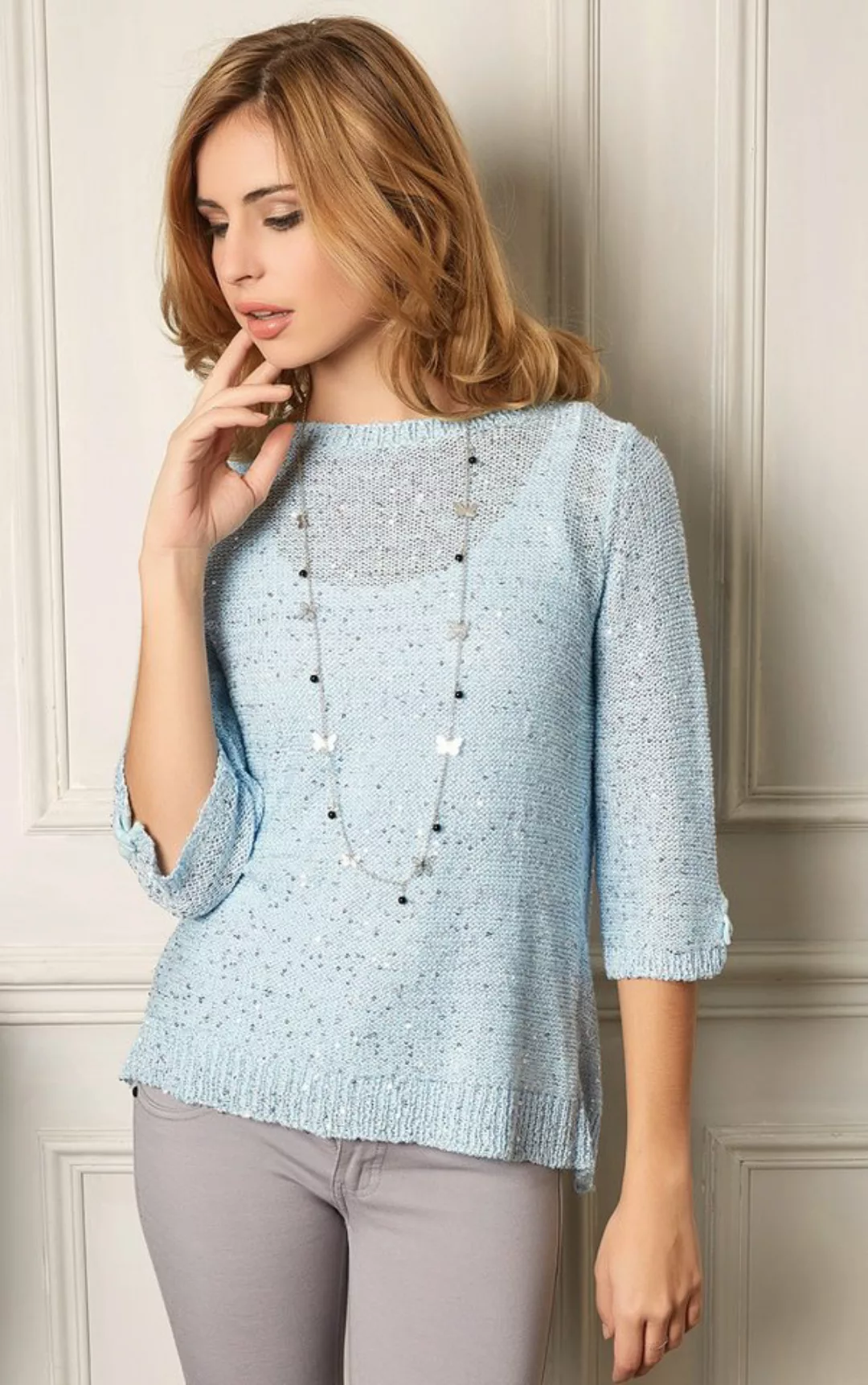 Passioni 3/4 Arm-Pullover Sommerpullover in Hellblau mit Pailletten günstig online kaufen