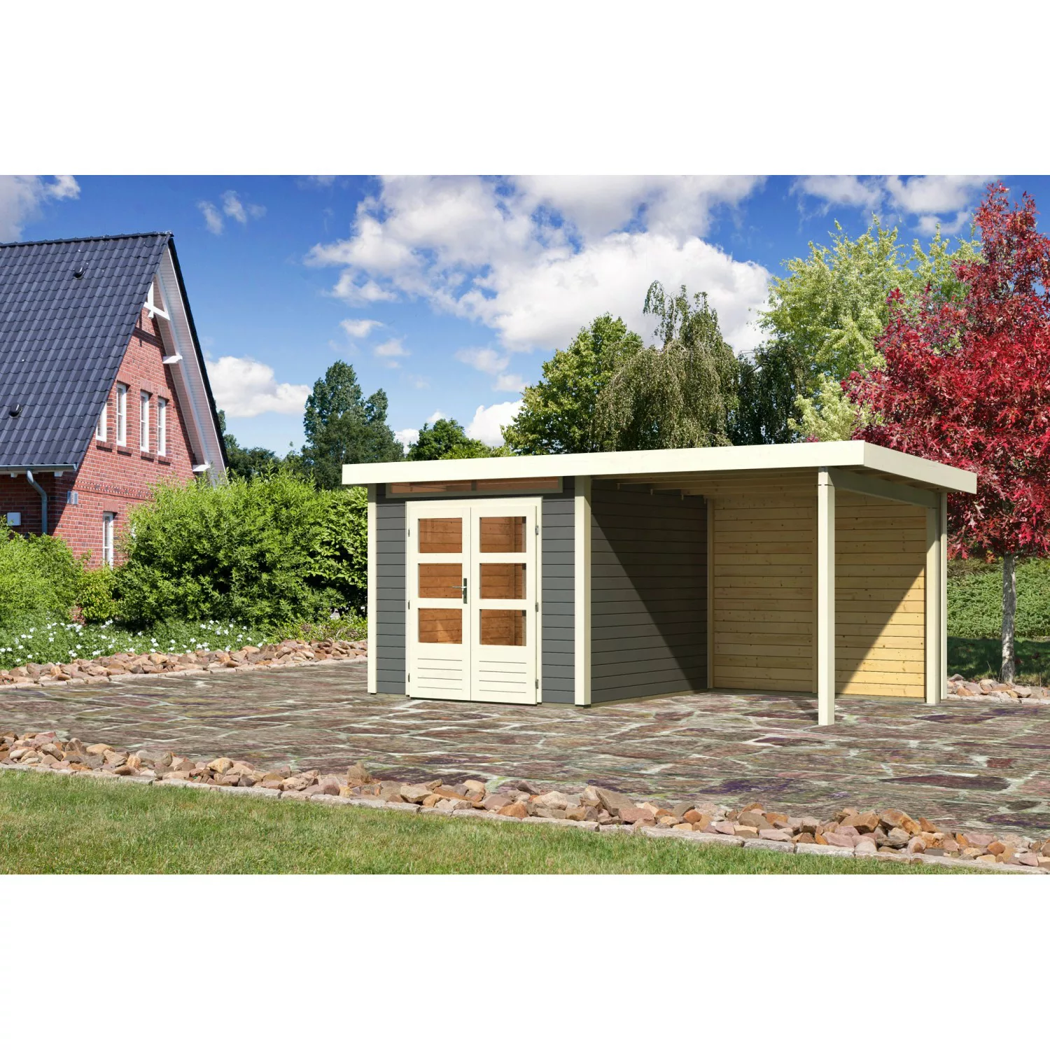 Karibu Holz-Gartenhaus/Gerätehaus Kumla 3 Terragrau Pultdach Lackiert 240 c günstig online kaufen