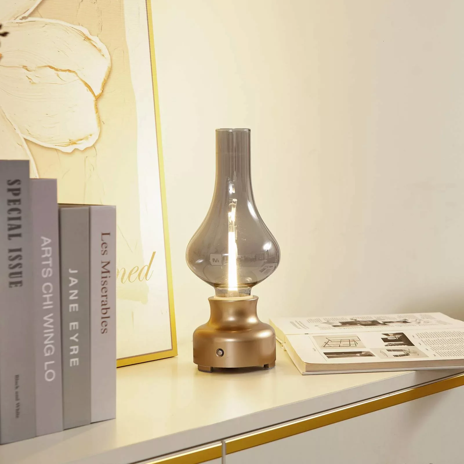 Lindby LED-Akkutischleuchte Maxentius goldfarben Glas Dimmer günstig online kaufen