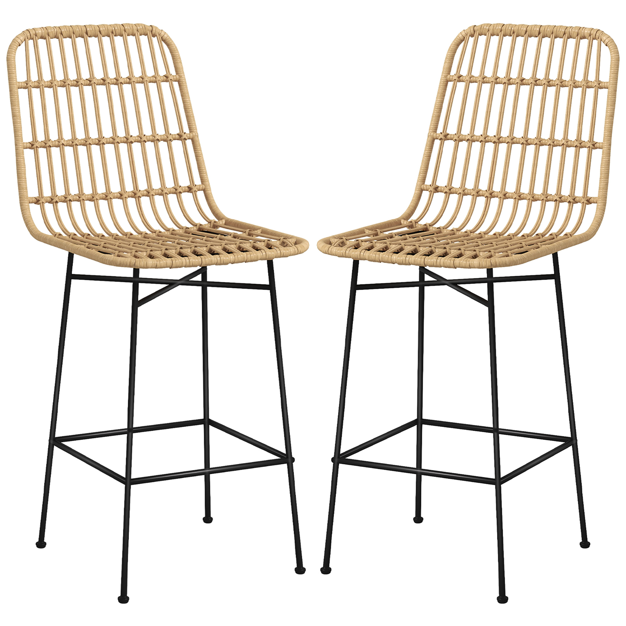 HOMCOM Barhocker 2er-Set Boho-Stil aus Rattan mit Rückenlehne und Stahl bis günstig online kaufen