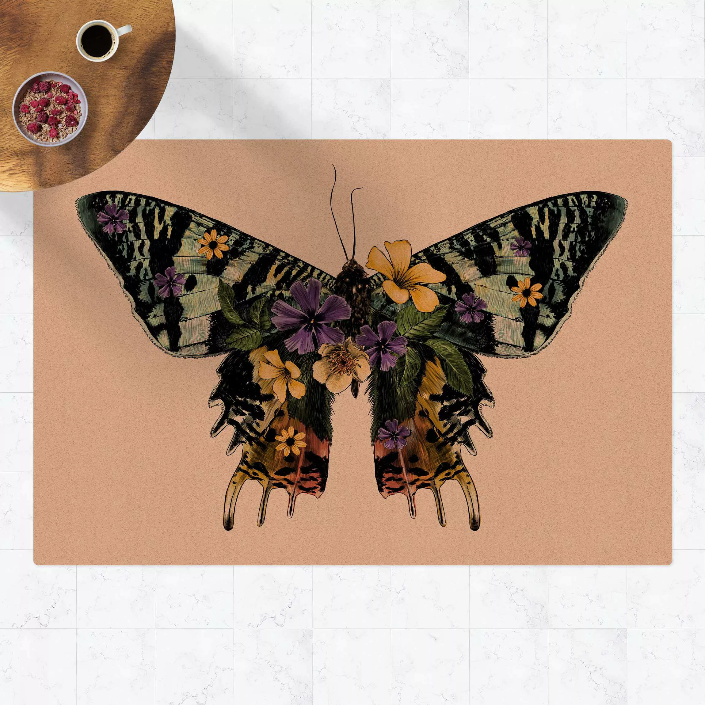 Kork-Teppich Illustration floraler Madagaskar Schmetterling günstig online kaufen