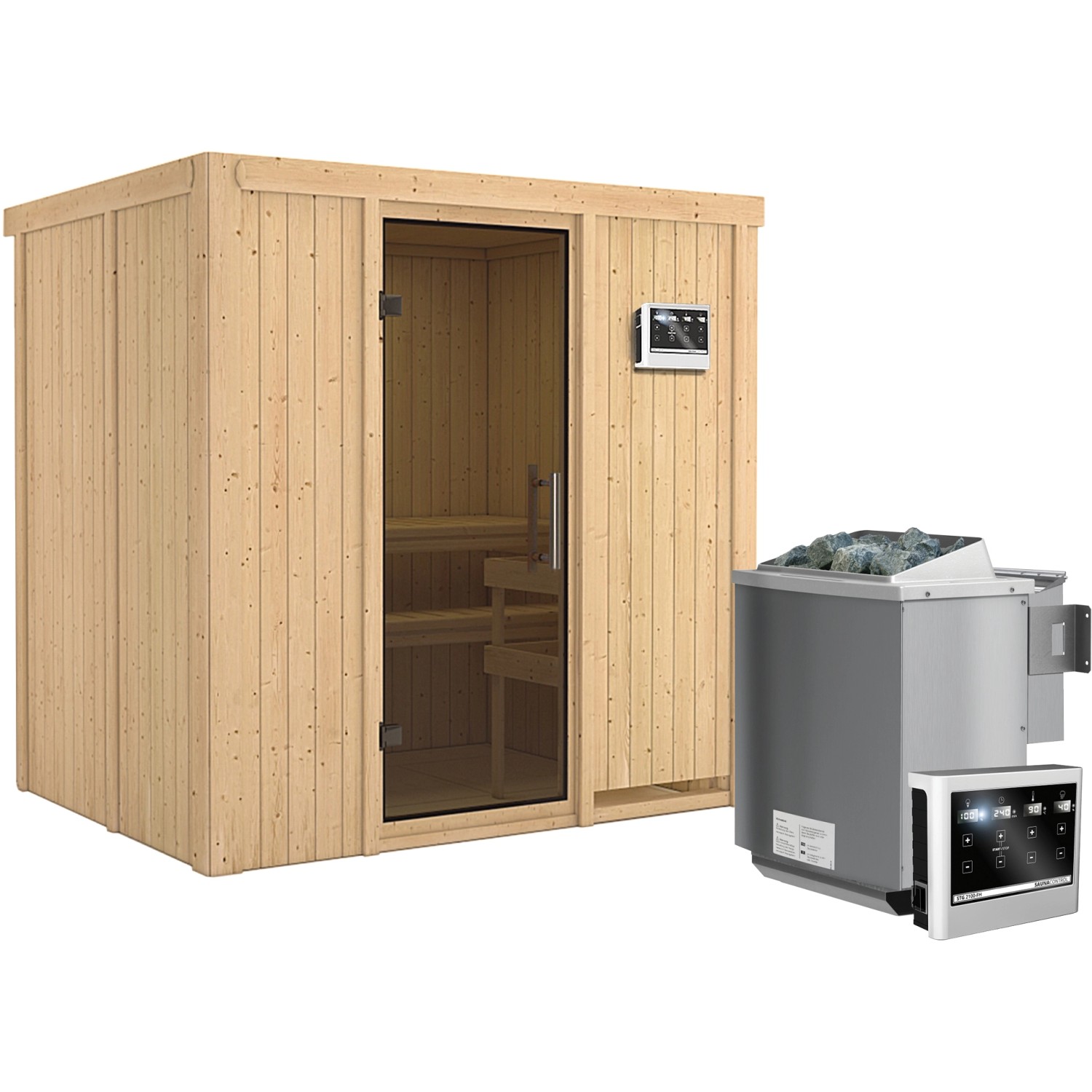 Karibu Sauna-Set Bjarne inkl. Bio-Ofen 9 kW mit ext. Steuerung, Tür Graphit günstig online kaufen