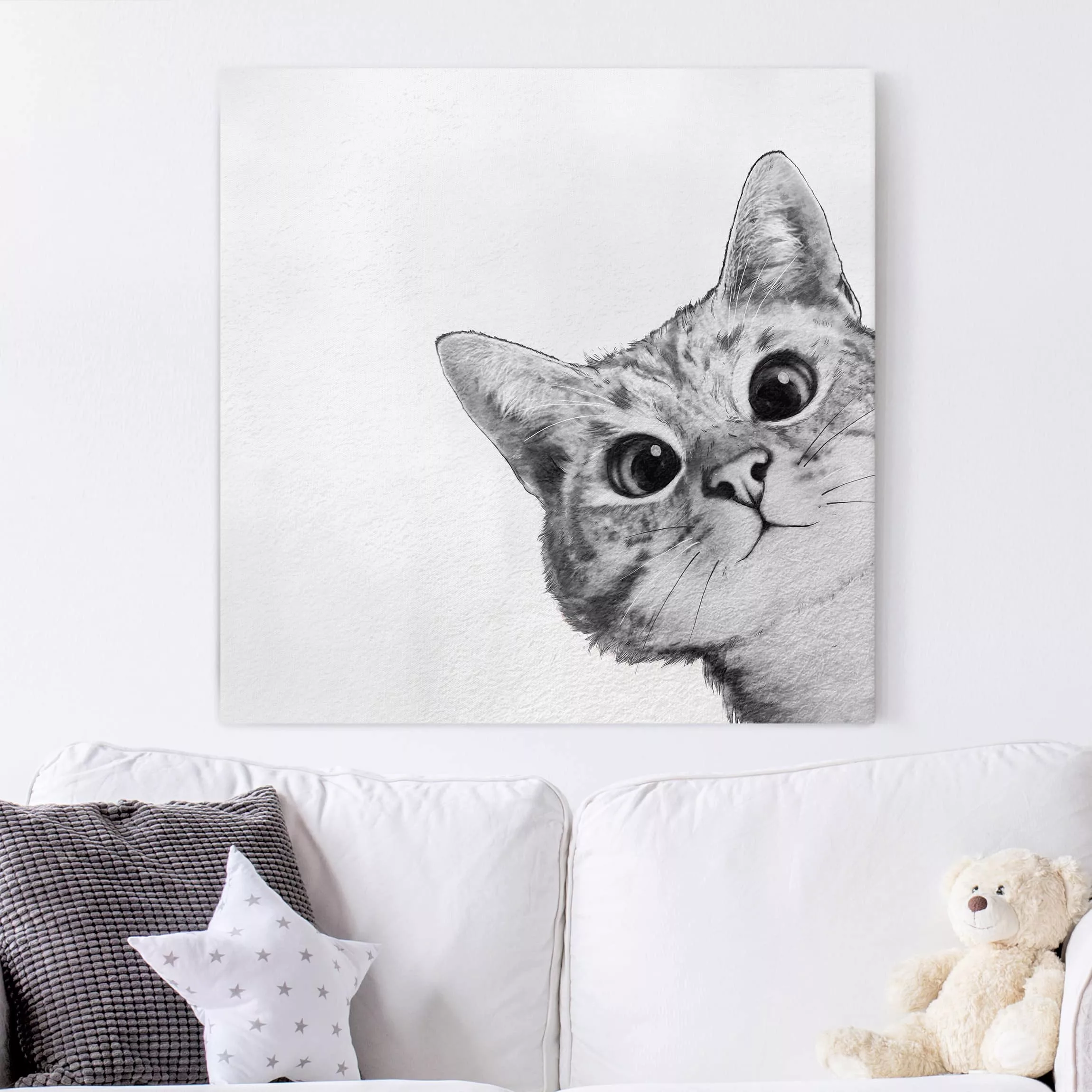 Leinwandbild Tiere - Quadrat Illustration Katze Zeichnung Schwarz Weiß günstig online kaufen