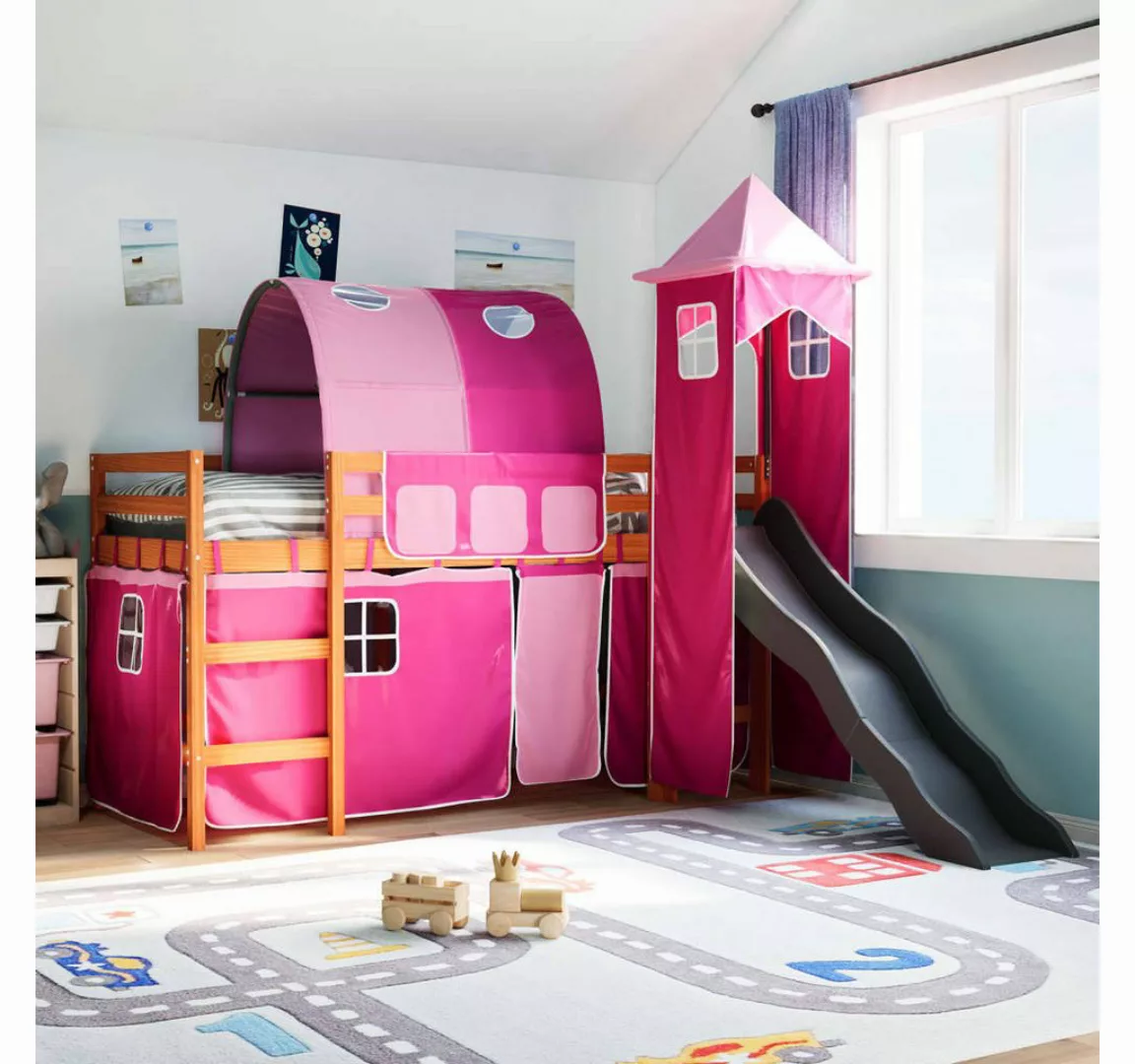 vidaXL Bett, Kinderhochbett mit Turm Rosa 90x190 cm Massivholz Kiefer günstig online kaufen