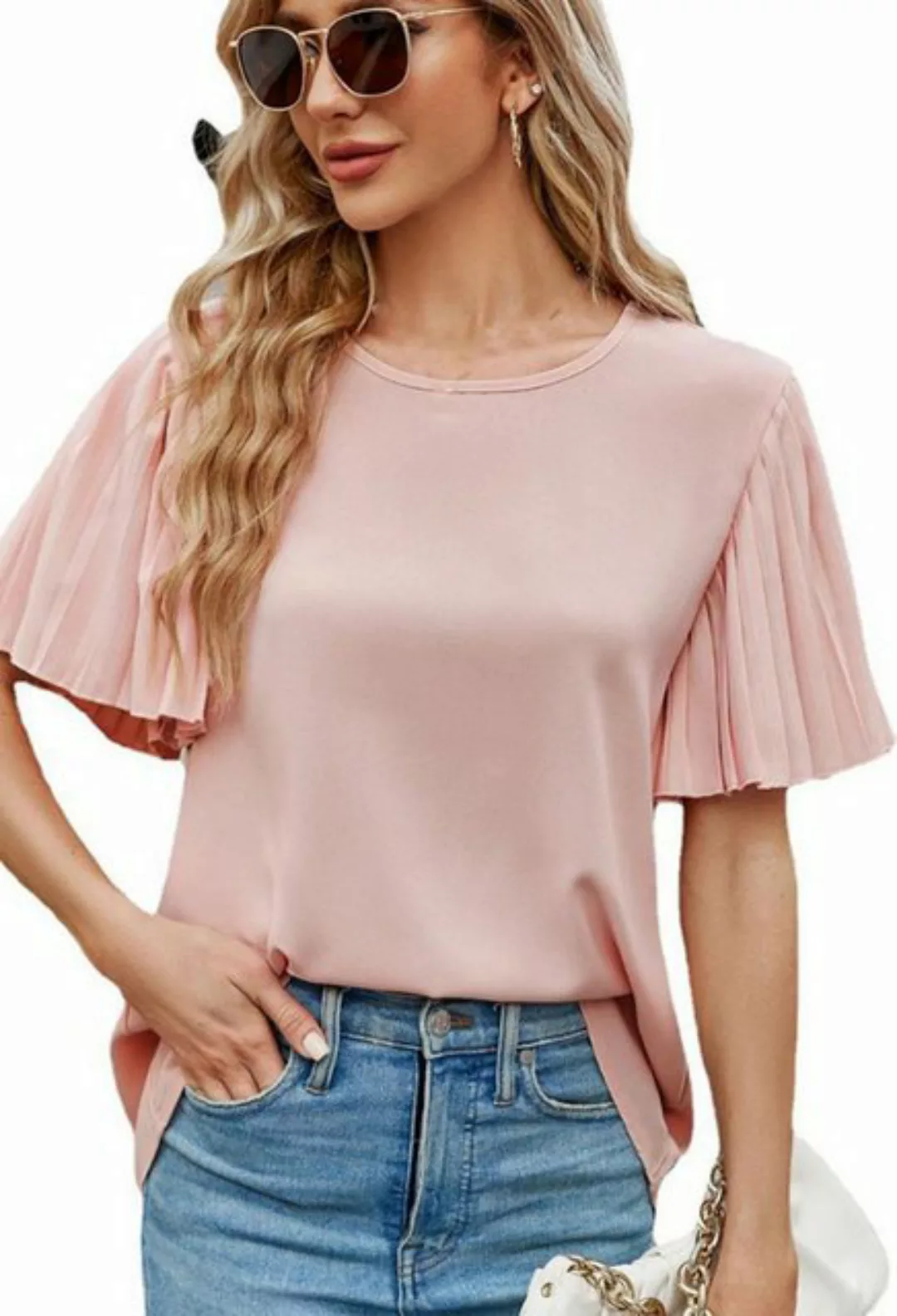 CHENIN T-Shirt Damen Ice Silk Mode gefaltet Flare Ärmel Rundhalsausschnitt günstig online kaufen