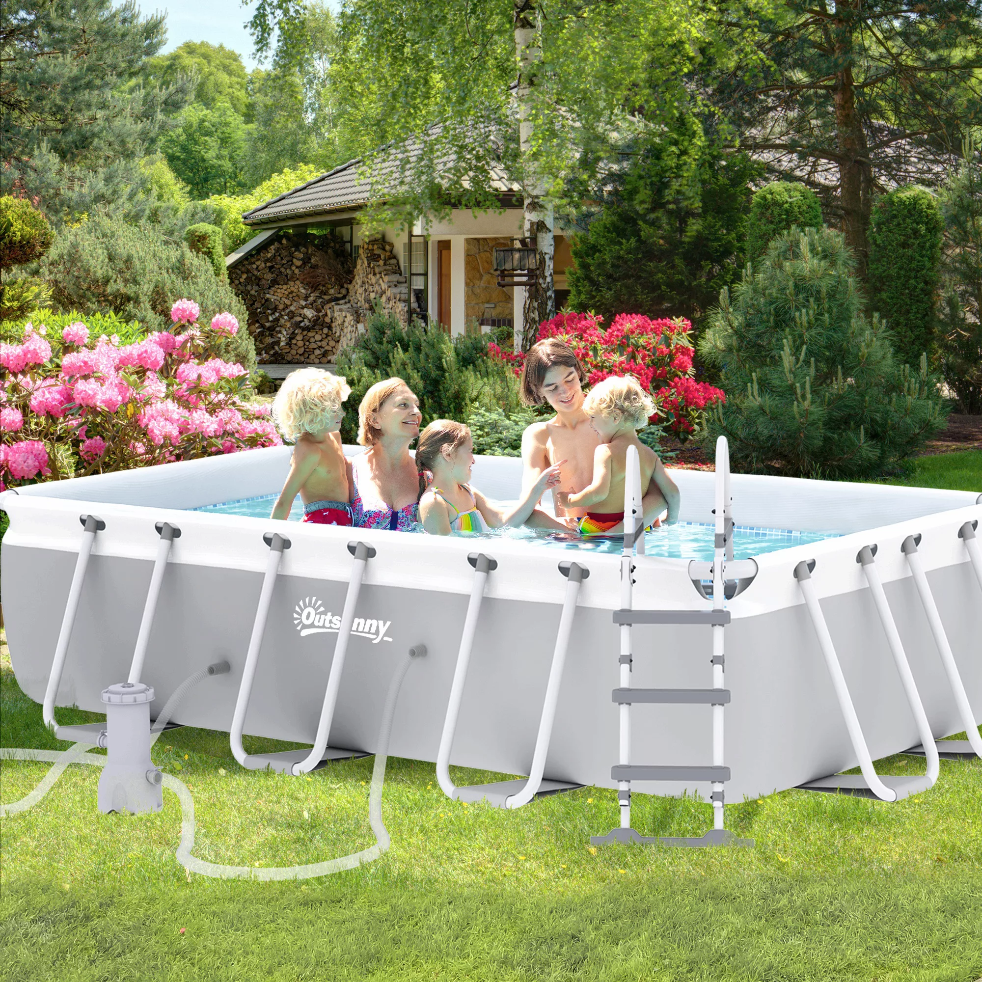 Outsunny Rechteckiger Aufstellpool mit Leiter, Pumpe und Filter, aus Stahl günstig online kaufen