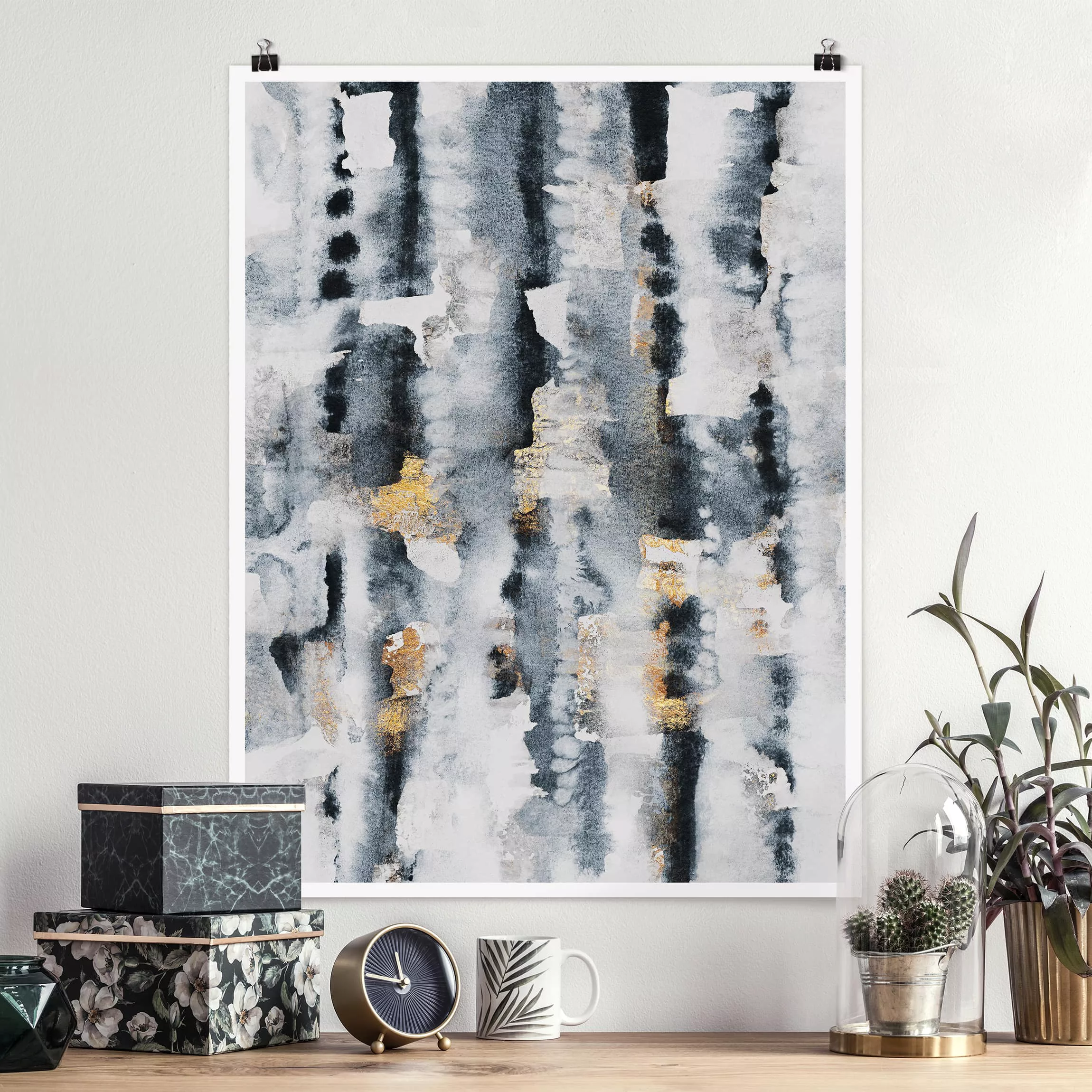 Poster Kunstdruck - Hochformat Abstraktes Aquarell mit Gold günstig online kaufen