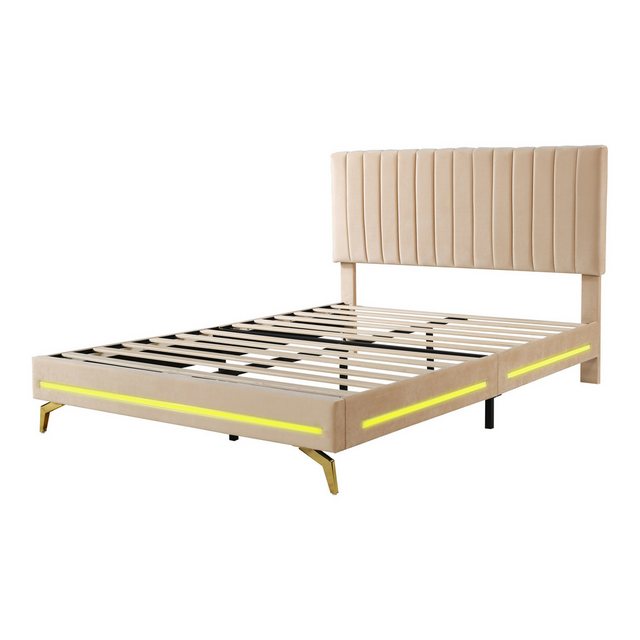 Rutaqian Polsterbett Doppelbett 140 x 200 cm Bettgestell Holzbett mit LED, günstig online kaufen