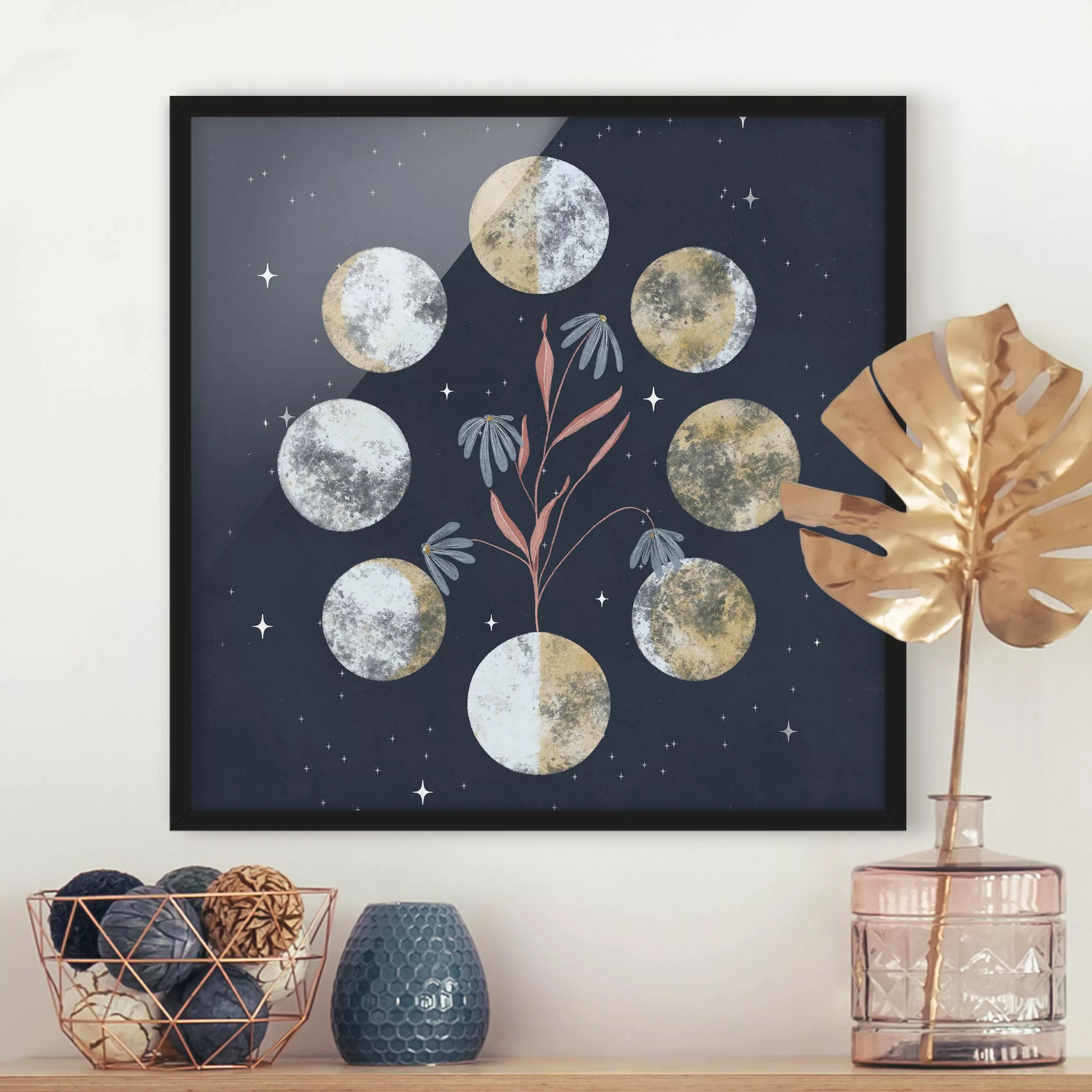 Bild mit Rahmen Mondphasen und Margeriten günstig online kaufen