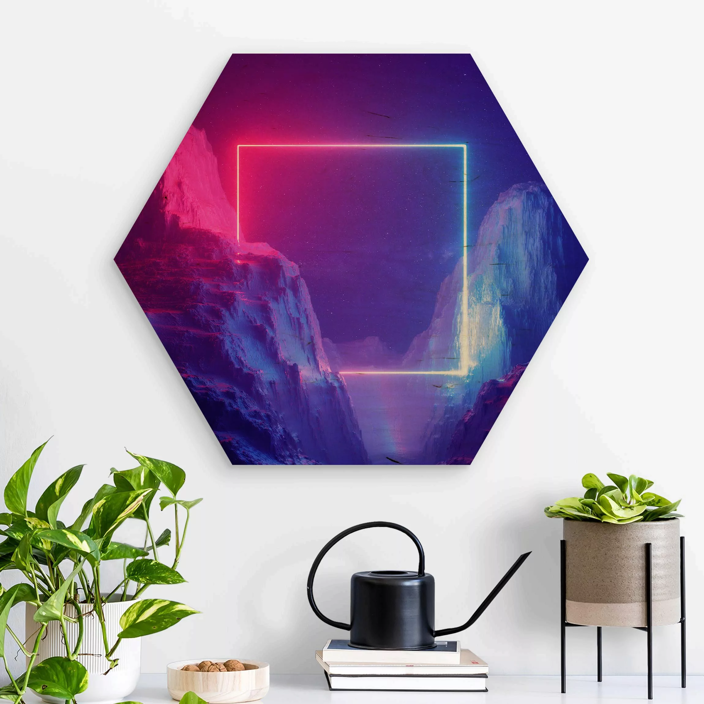 Hexagon-Holzbild Quadratisches Neonlicht günstig online kaufen