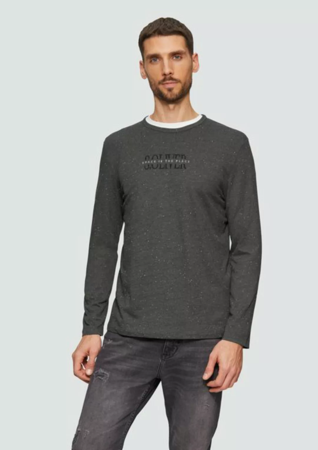 s.Oliver Langarmshirt Meliertes Longsleeve aus Jersey mit Logo-Print Sticke günstig online kaufen