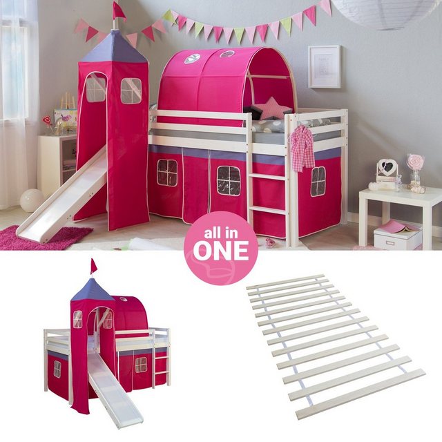 Homestyle4u Hochbett 90x200 cm Kinderbett Weiß Kiefer mit Vorhang Pink mit günstig online kaufen