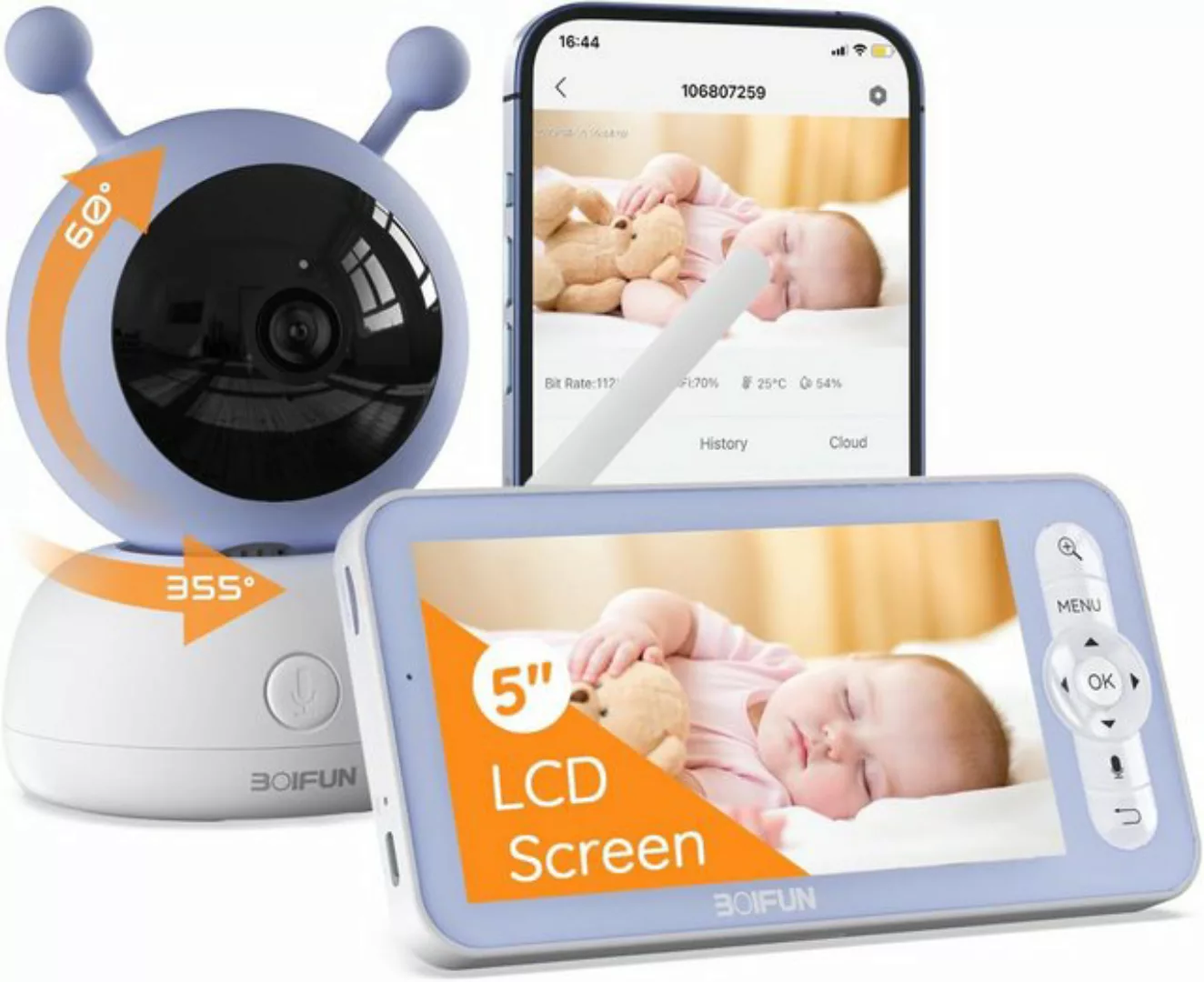 Boifun Video-Babyphone Babyphone mit Kamera WLAN Babyfon Video 5" Video Bab günstig online kaufen