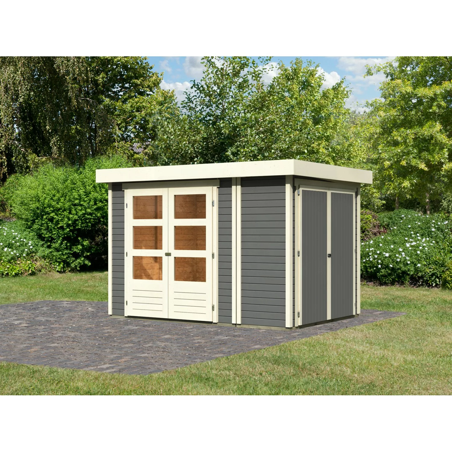 Karibu Gartenhaus/Gerätehaus Set Retola 2 Terragrau mit Schrank 6,05 m² günstig online kaufen