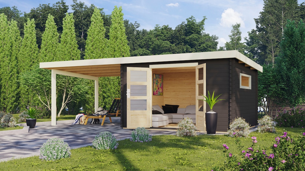 Karibu Gartenhaus ""Tange 5" SET terragrau mit Anbaudach 3,3 m Breite" günstig online kaufen