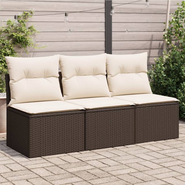 vidaXL Loungesofa Gartensofa mit Kissen 3-Sitzer Braun Poly Rattan günstig online kaufen