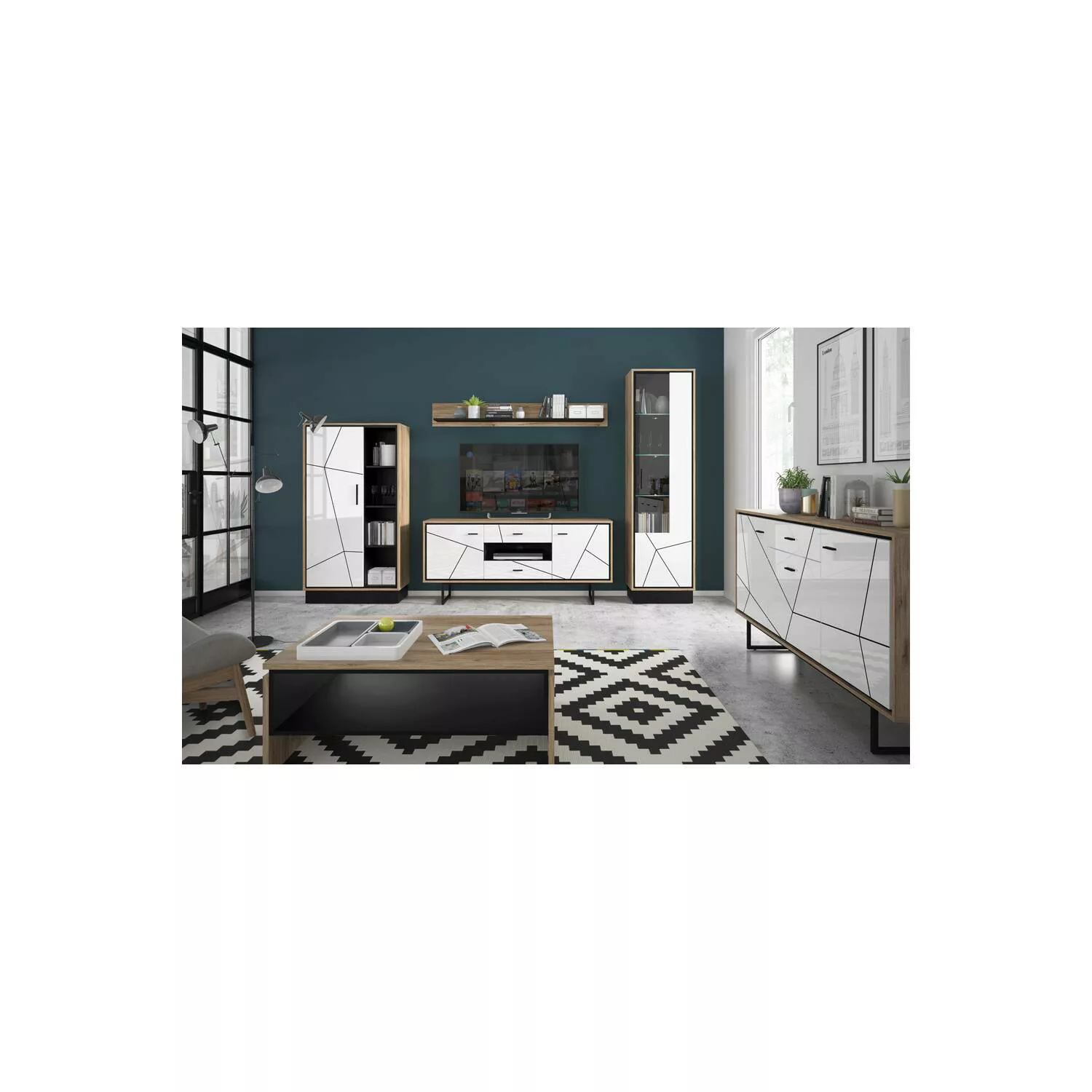Wohnzimmer Set BRISTOL-129 in Catania Eiche Nb. mit schwarz und weiß Hochgl günstig online kaufen